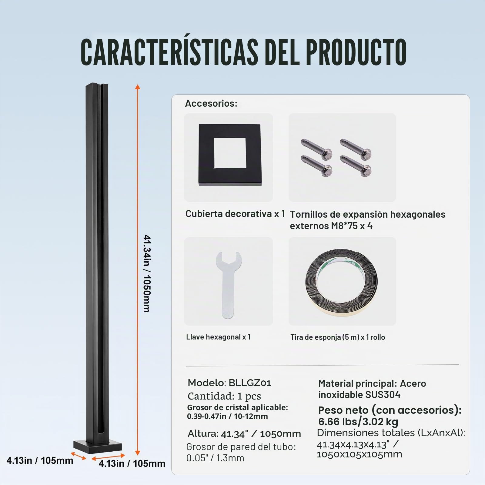VEVOR Abrazadera de Vidrio, Soporte de Barandilla de Vidrio de 1050 x 105 x 105 mm para Vidrio Templado de 10-12 mm de Espesor, Acero Inoxidable 304, para Balcón, Jardín, Cubierta, Escalera, Negro