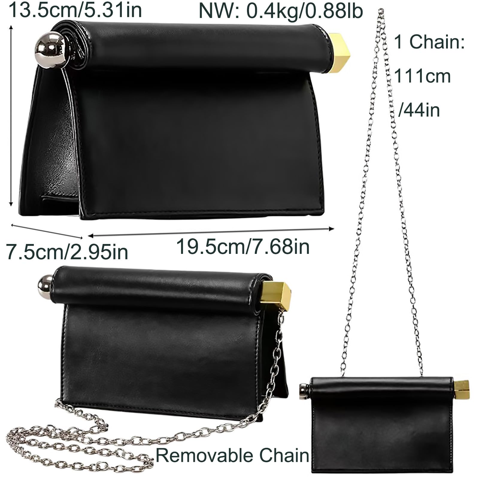 Hecatombic Abendtasche Aus PU-Leder Mit Abnehmbarer Kette Für Damen | Vintage-Umhängetasche Mit Metallkettenriemen – Modische Handtasche