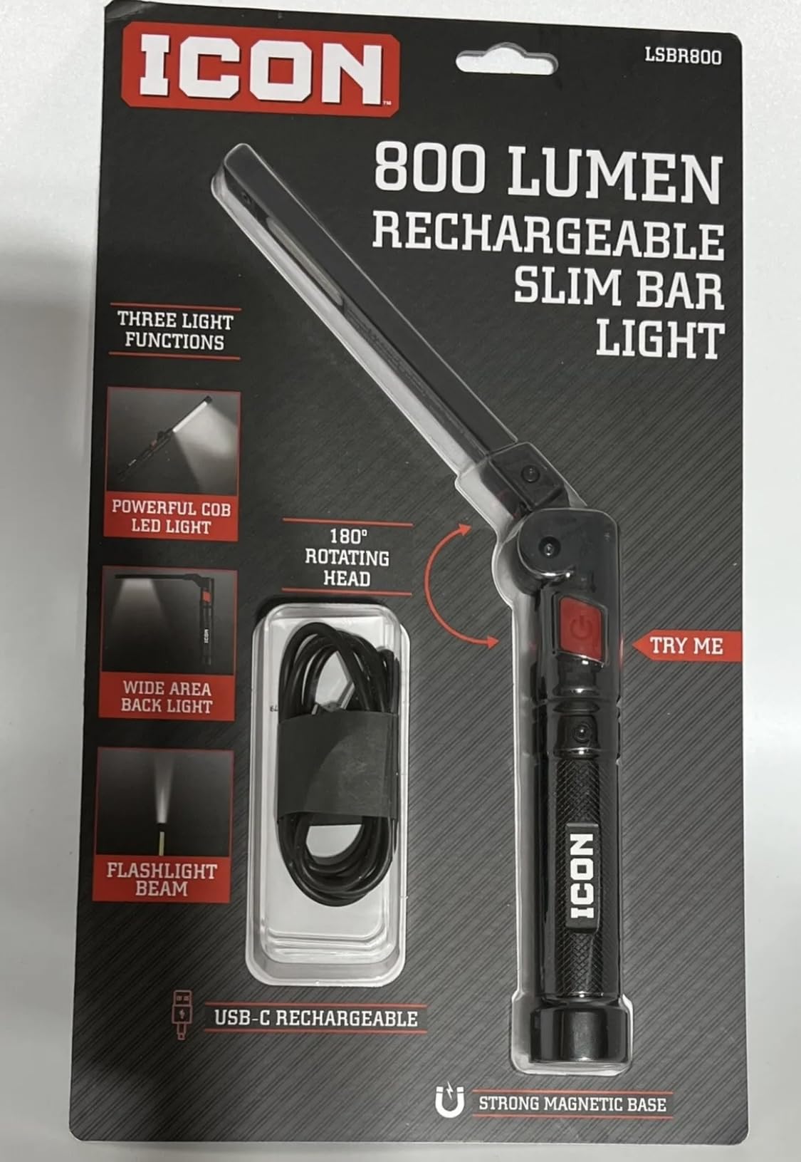 Generic ICON 800 Lumen LED Rechargeable Magnetic Handheld Foldable Slim Bar Work Light, Black