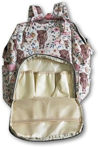 Miniatura 7 de Mochila de pañales de vaca de las tierras altas florales rosas, Rosado, Mochila para pañales