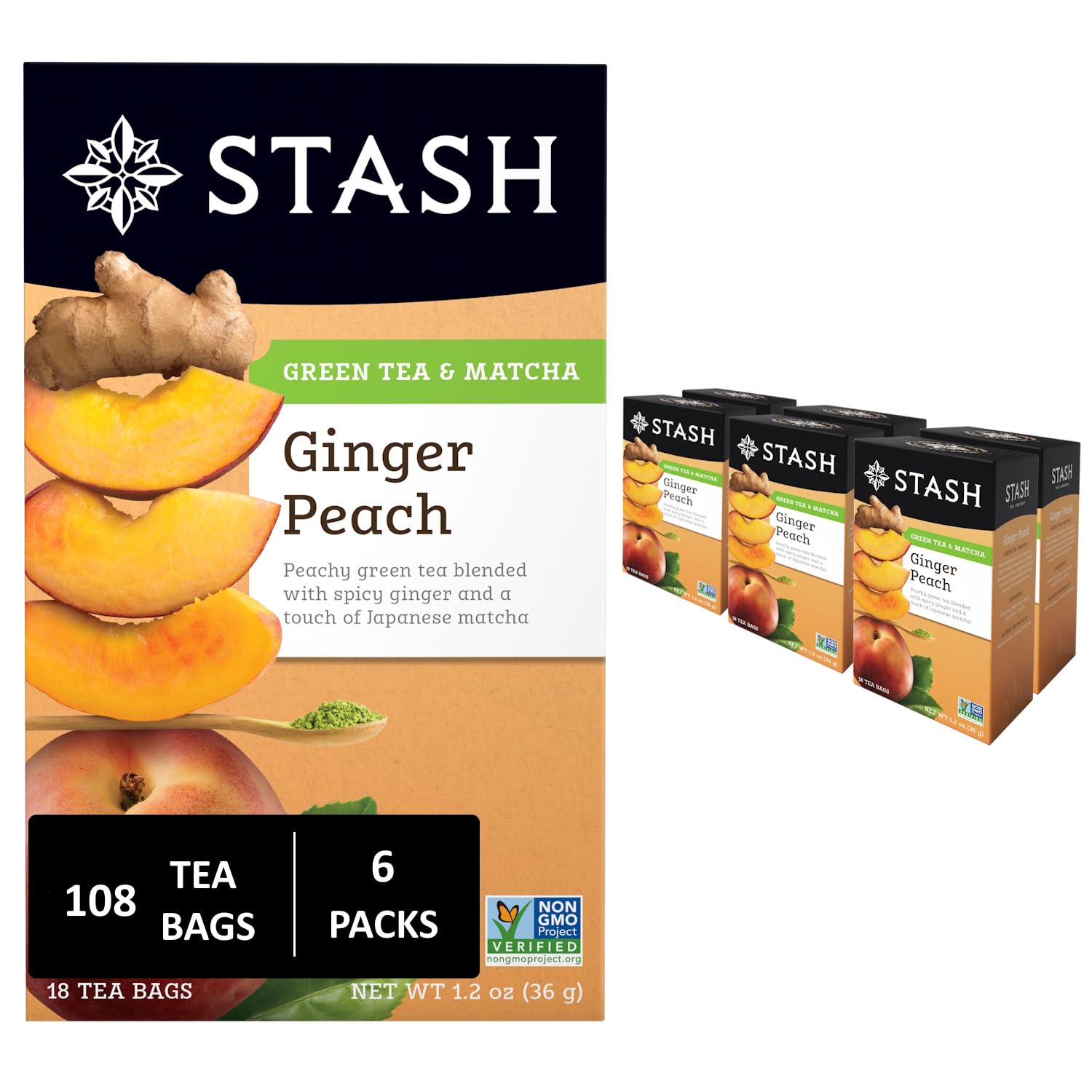Stash Tea Ginger Peach Green Tea - Caffeinated Non-GMO Project Verified Premium Tea with No Artificial Ingredients 18