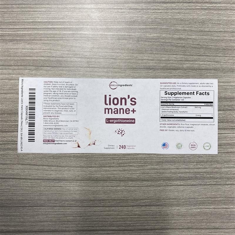 Micro Ingredients Lion’s Mane Mushroom Extract with L-Ergothioneine, 240 Veggie Capsules, 4 Month Supply | Non-GMO