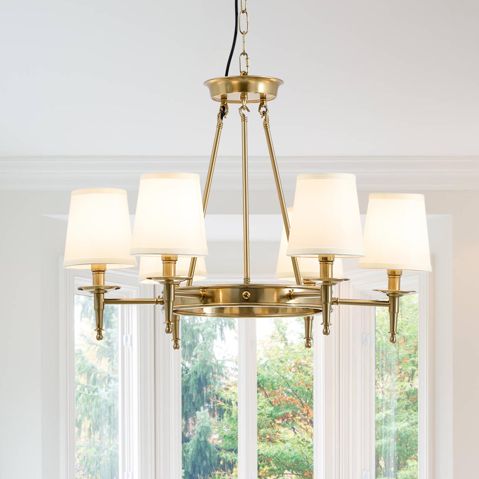 Brass Chandelier 6 Lights with White Fabric Linen Shade 29.52" W Gold Candle Pendant Light Fixture Modern Wagon Wheel Chandeliers for Dining Room Living Room Bedroom
