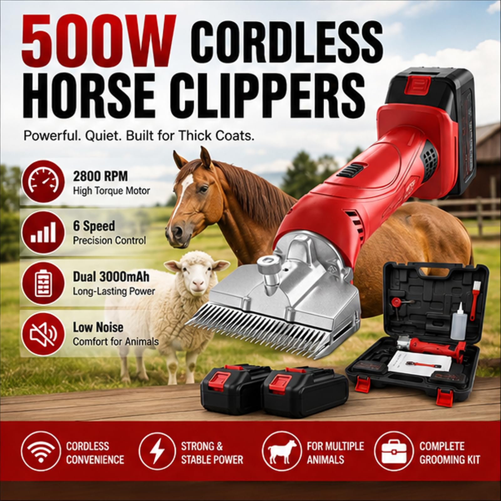 Tosatrici elettriche per cavalli a batteria, cesoie equine a basse vibrazioni da 500 W, 6 velocità, 2800 giri/min per cappotti per animali domestici e bestiame