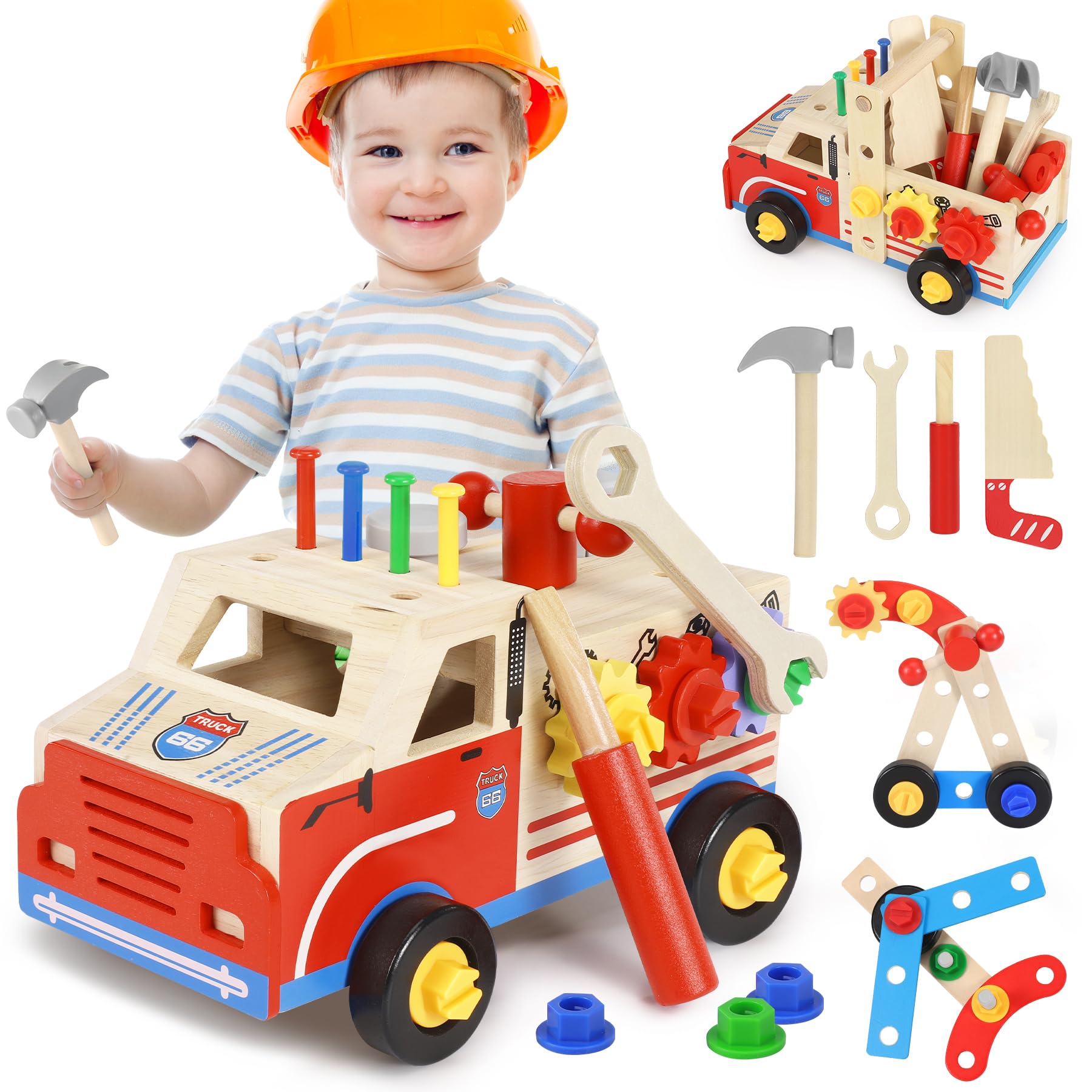 Werkzeugkoffer Kinder Werkbank - Holzspielzeug Spielzeug ab 3 jahre 45 Stück Montessori Spielzeug Werkzeugkasten Werkzeug mit Rädern Kinderspielzeug Geschenk Junge Mädchen Spiele ab 2 3 4 5Jahren