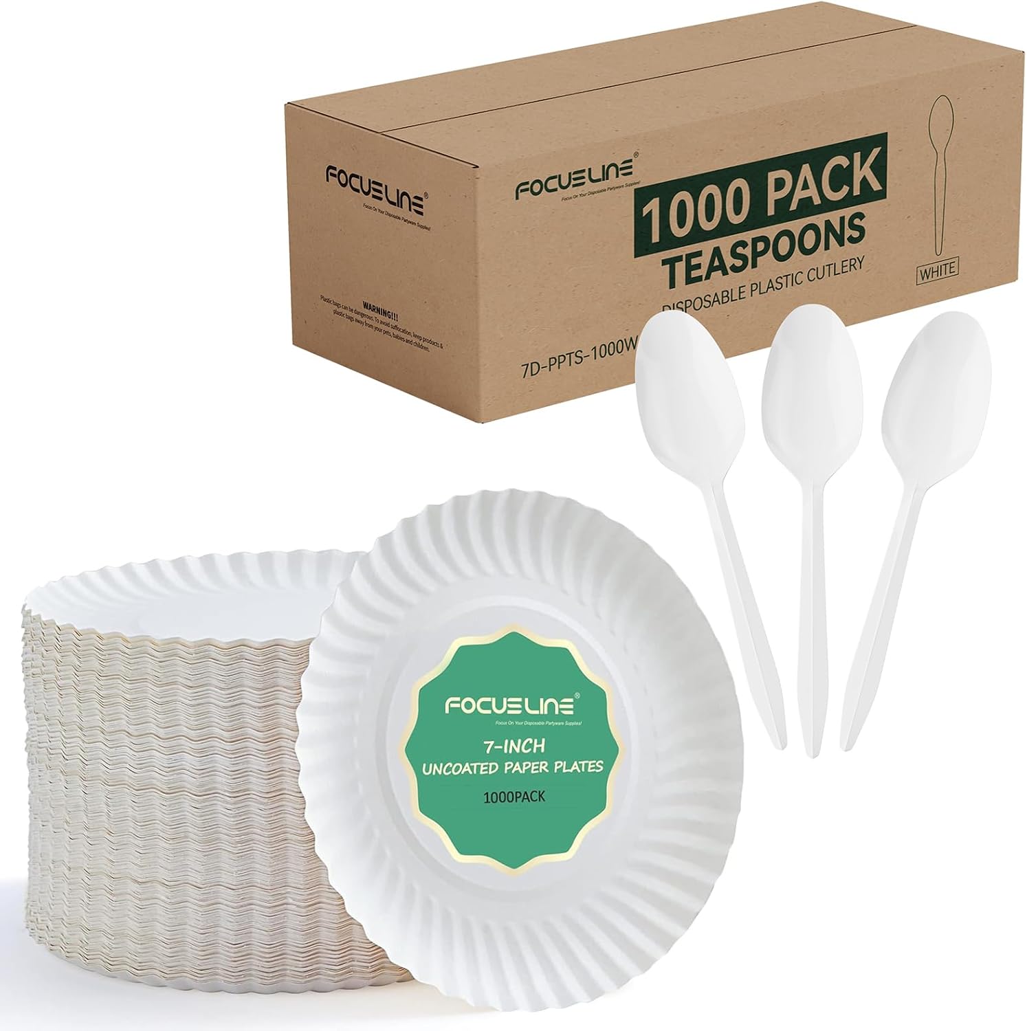 FOCUSLINE 1000 Pack Plastic Teaspoons White and 7 Inch Uncoated White Paper Plates 1000 Count