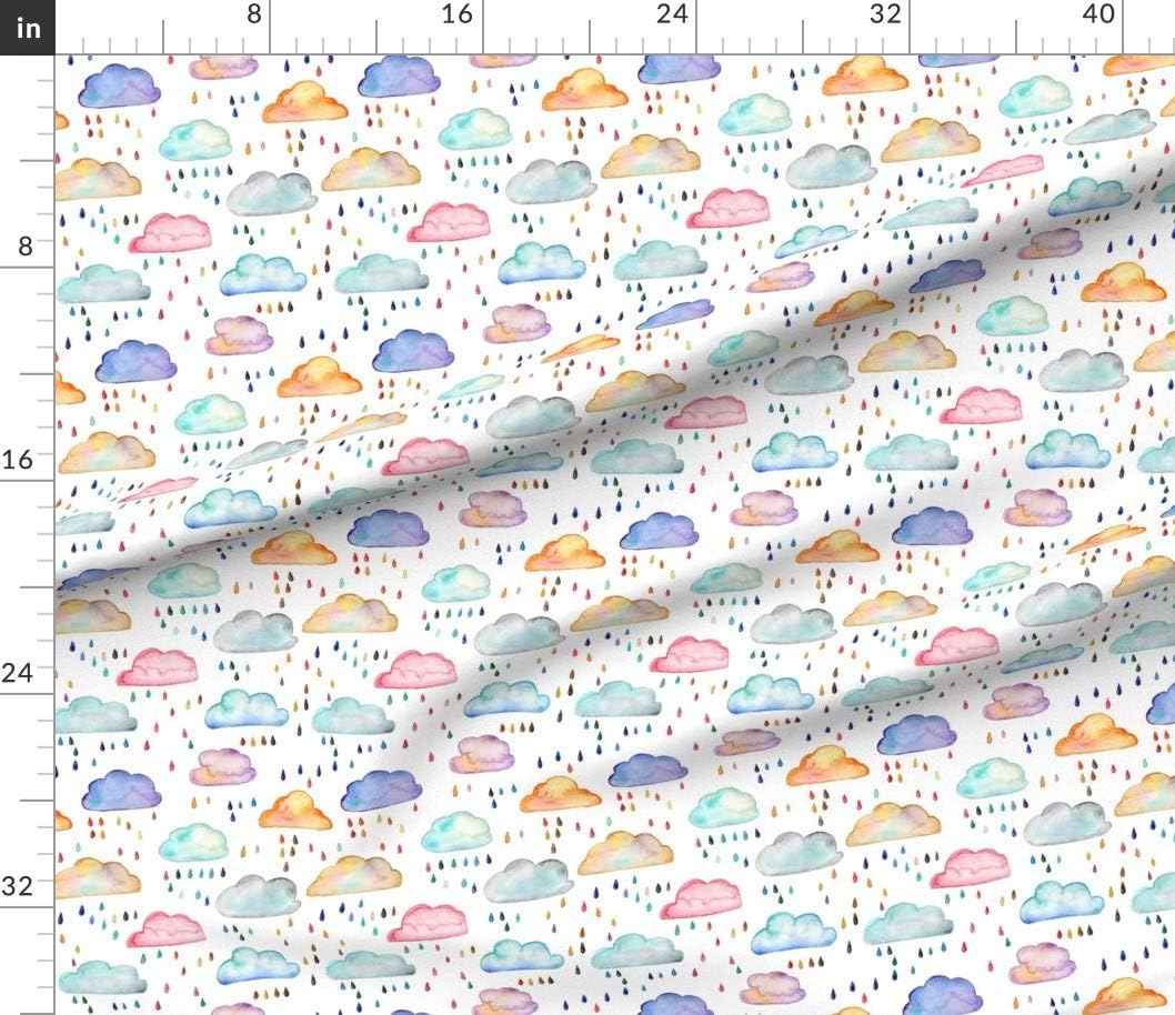 Spoonflower Fabric - Watercolor Clouds Rain Raindrops Rainbow Printed on Petal Signature Cotton Fabric by The Yard - Sewing Quilting Apparel Crafts Decor
