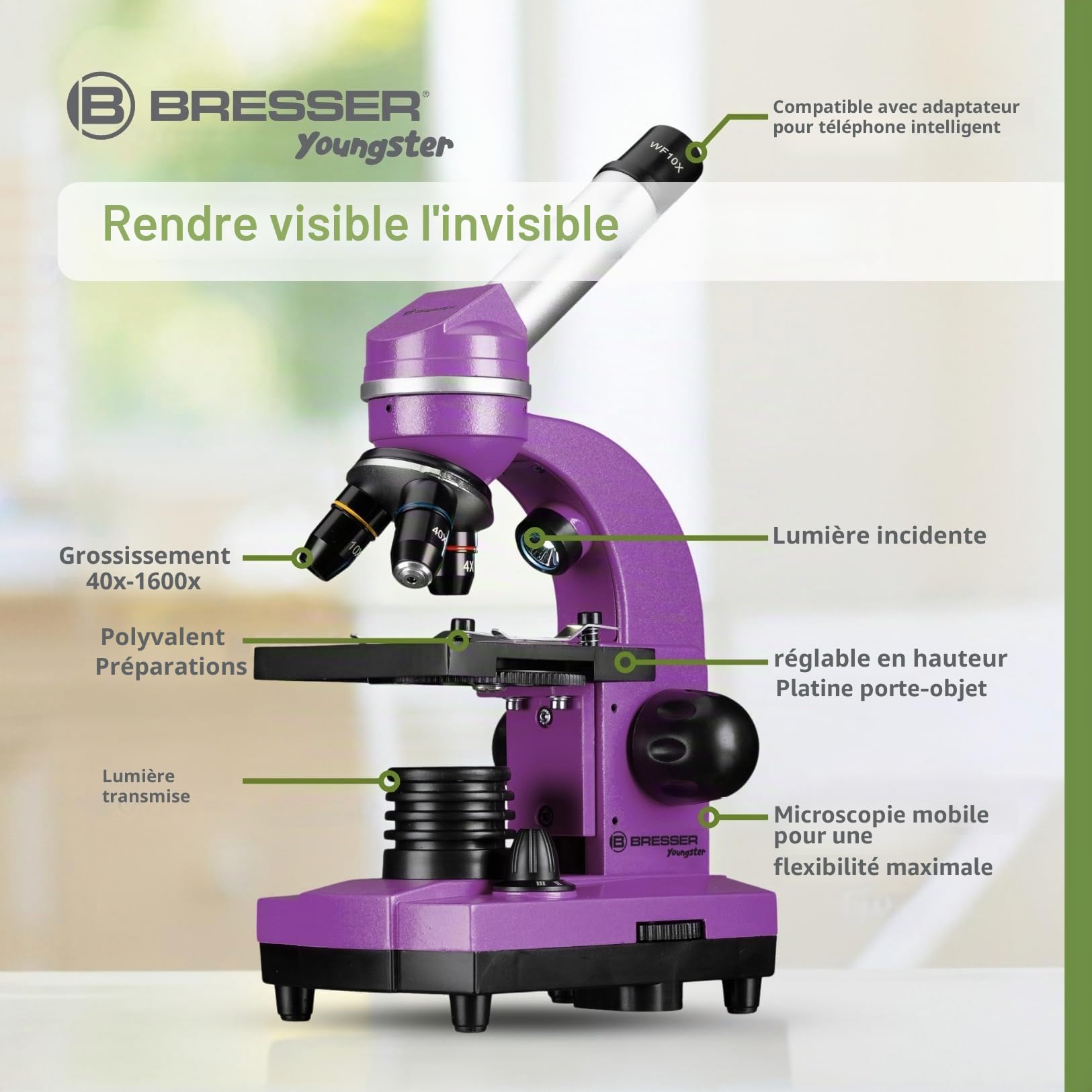 Bresser Junior BIOLUX SEL Microscope d’écolier avec Porte-Smartphone, Zoom à lentille de Barlow, pour Enfants et Adultes