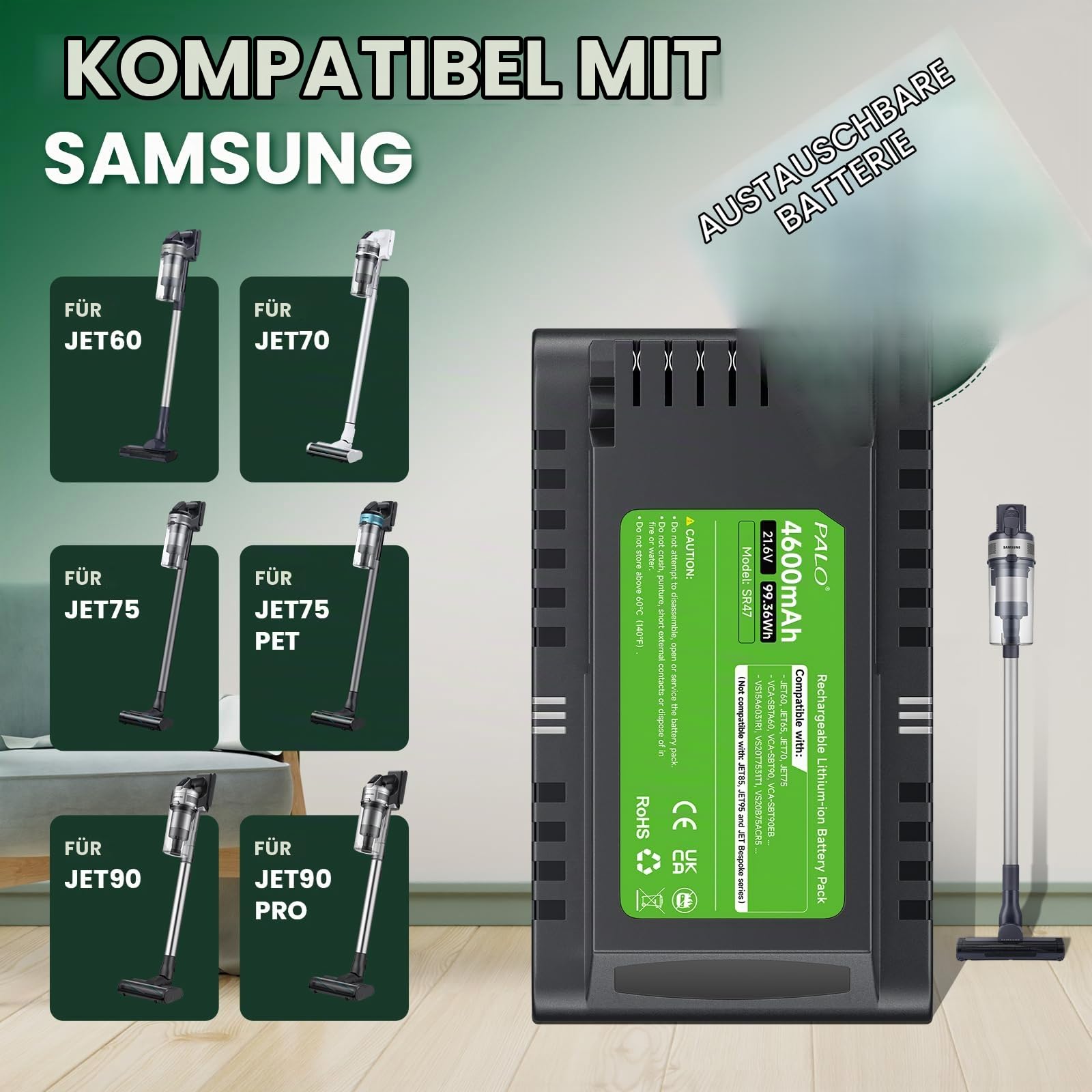 4.6Ah VCA-SBTA60 Akku für Samsung JET60, JET65, JET70, JET75, JET90 Samsung kabellosen Staubsauger, Modell VCA-SBTA60 VCA-SBT90 VCA-SBT90EB