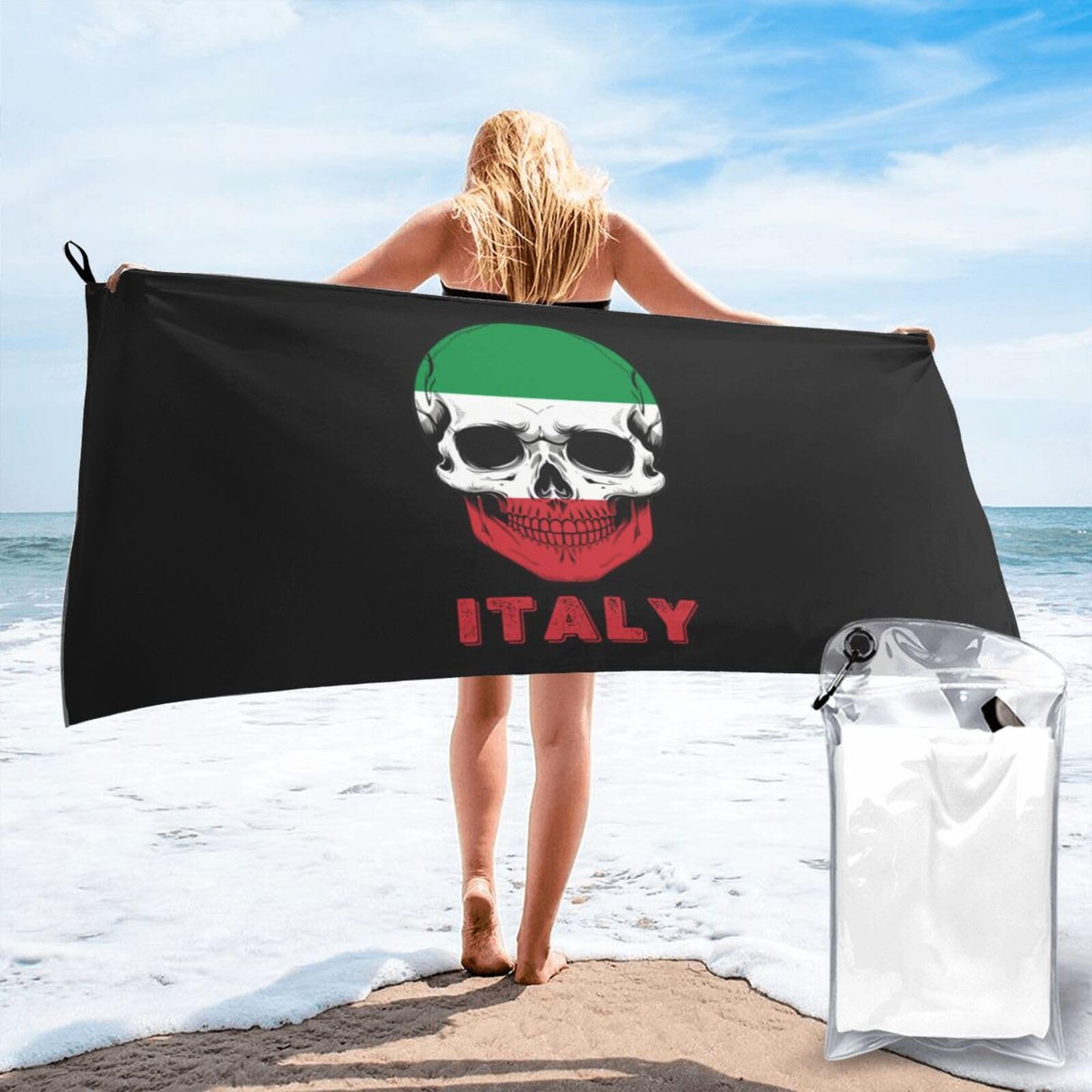 HACXZ Skull Italy Flag Lightweight Absorbent Beach Towel Microfiber Beach Towel 31.5"X63"