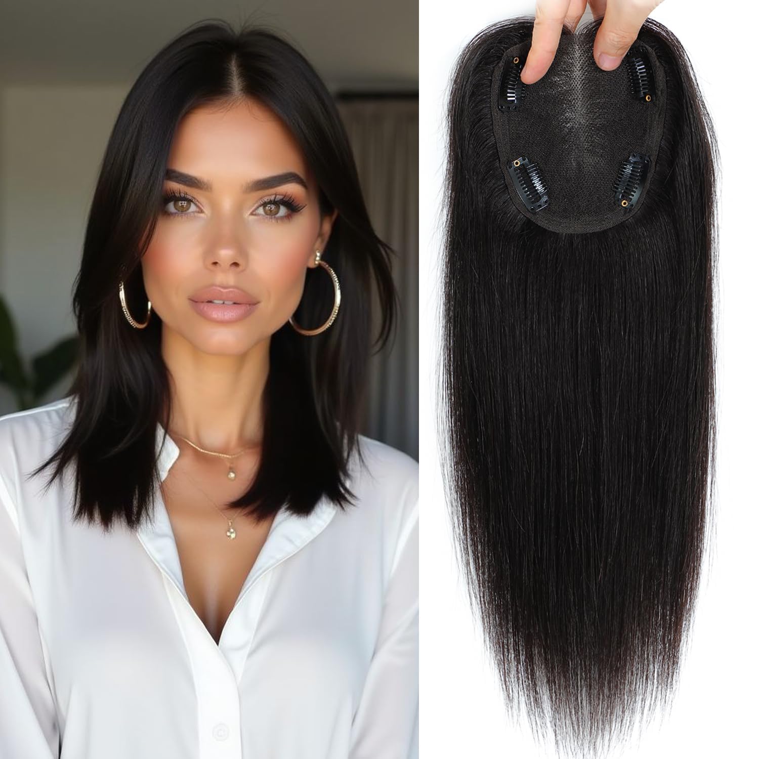 Miss Lirenn® Hair Topper Synthetic Hair Middle Part Topper 4" x 4" Silk Base Clip in Straight Hairpiece for Thinning Hair, 18 Inch Long, Jet Black Color