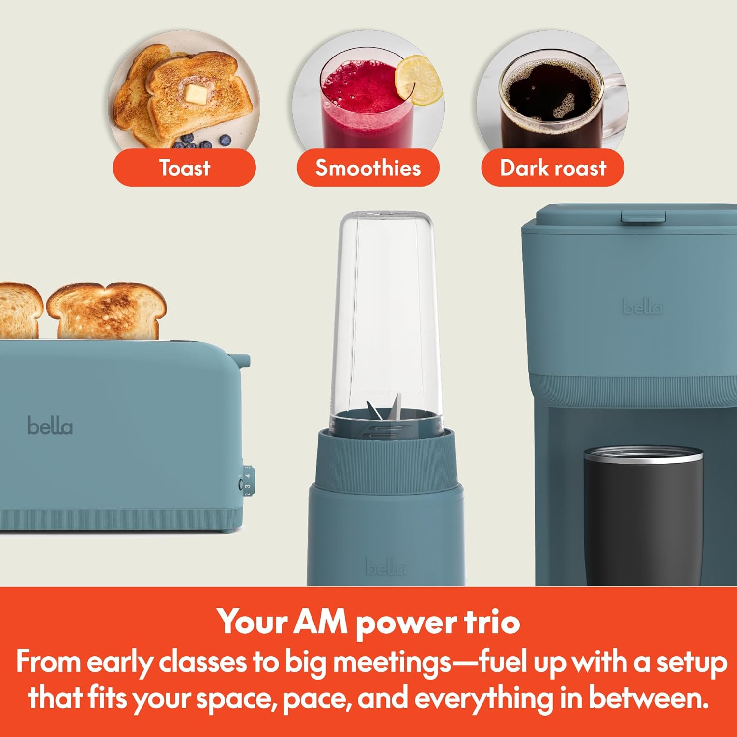 bella 2 Slice Slim Toaster + 6 Pcs Rocket Blender + Single Serve Kcup Coffee Maker, Smart Toaster w 6 Shades Control, Portable Smoothie Maker & Compact Coffee Machine, Surf