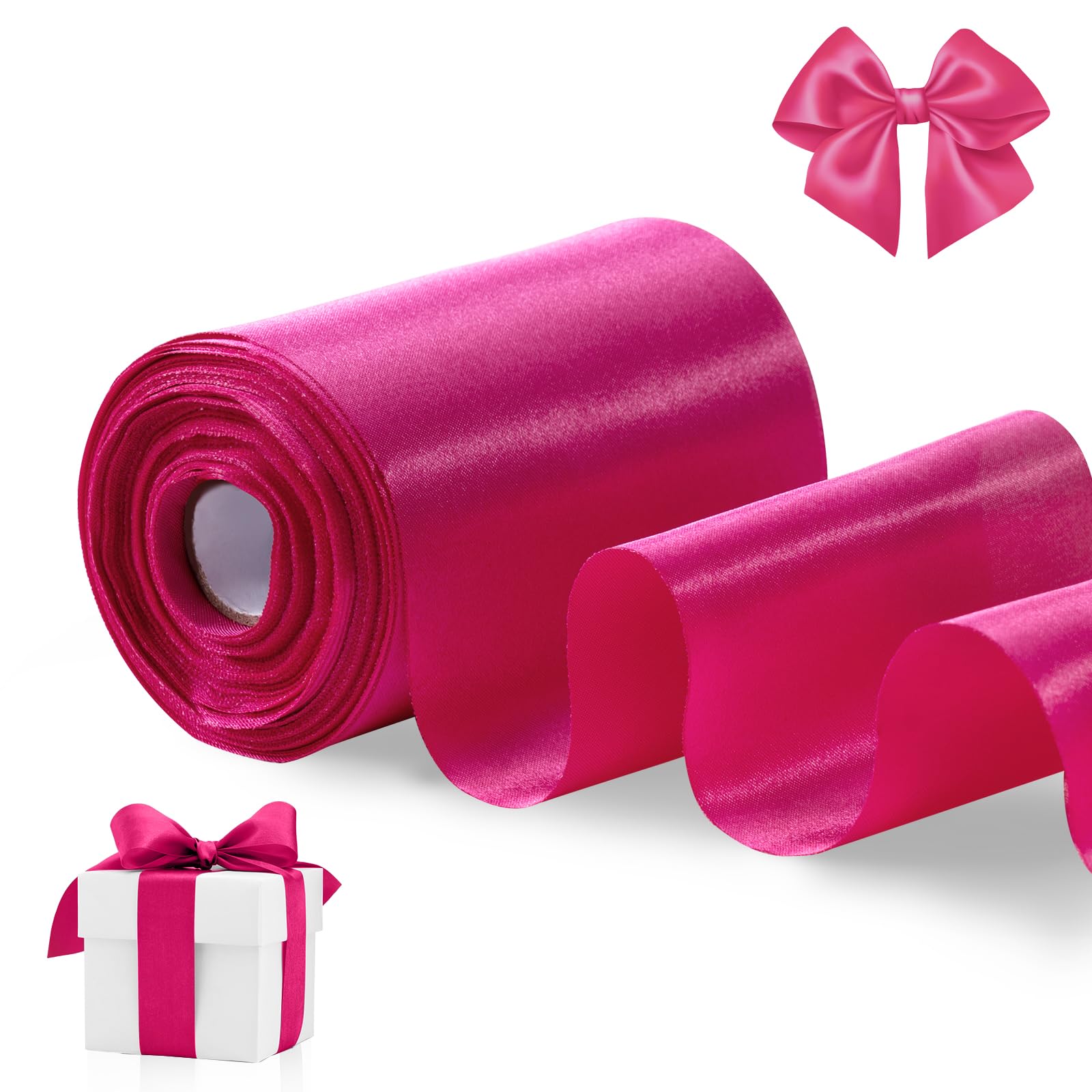 FAKILO rosarotes grünes Satinband, 10cm x 20 Meter breit Band für eine große Eröffnung, Geschäftsband, Ausschnitte, Zeremonie, Schleife