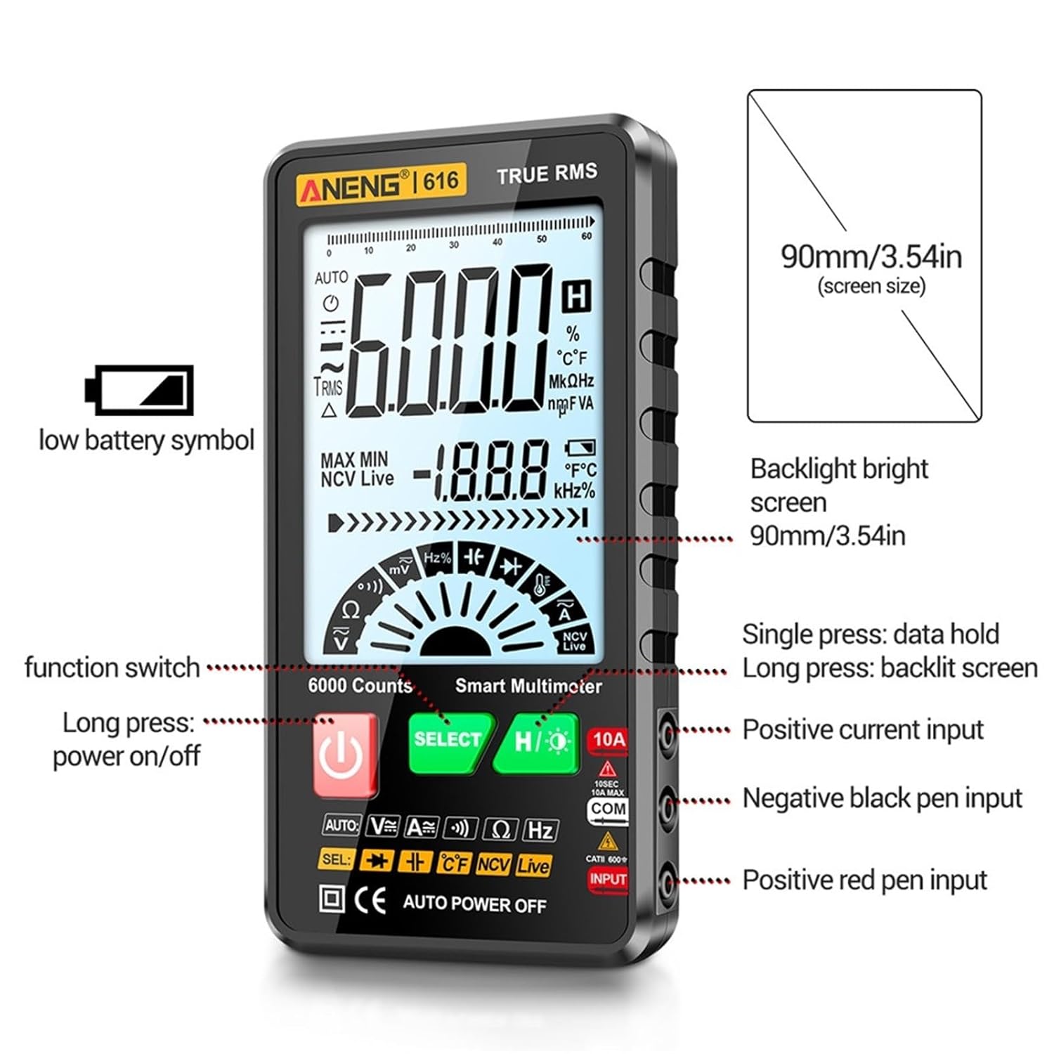 616 Multimeter 6000 Counts Digital AC/DC Voltage Meter Current Detector Capacimeter Professional Tester Tools(616 Black with Box)