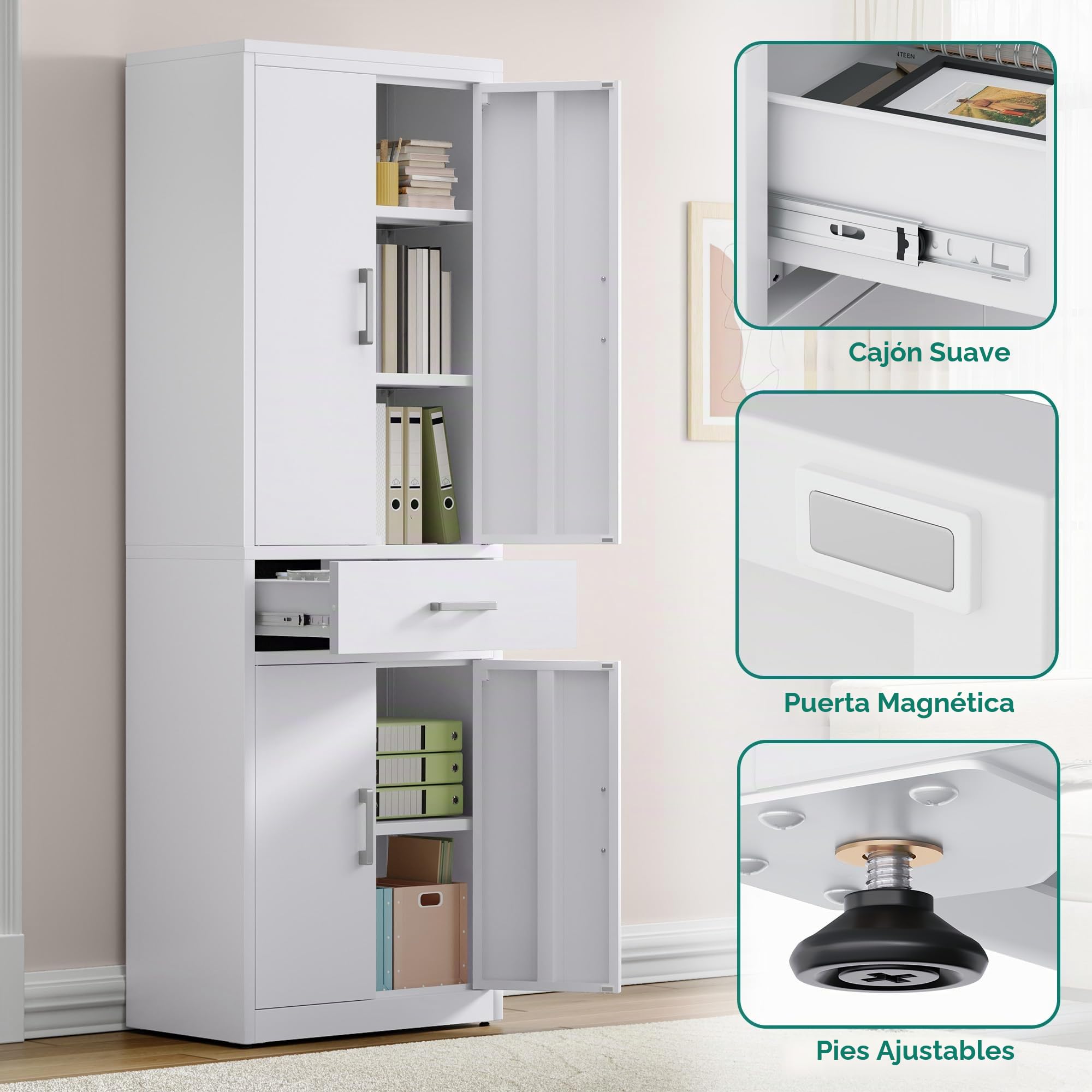 YITAHOME Armario archivador con Cerradura con 3 estantes Ajustables para Oficina, Cocina, Garaje, 180 x 60 x 34D, Color Blanco