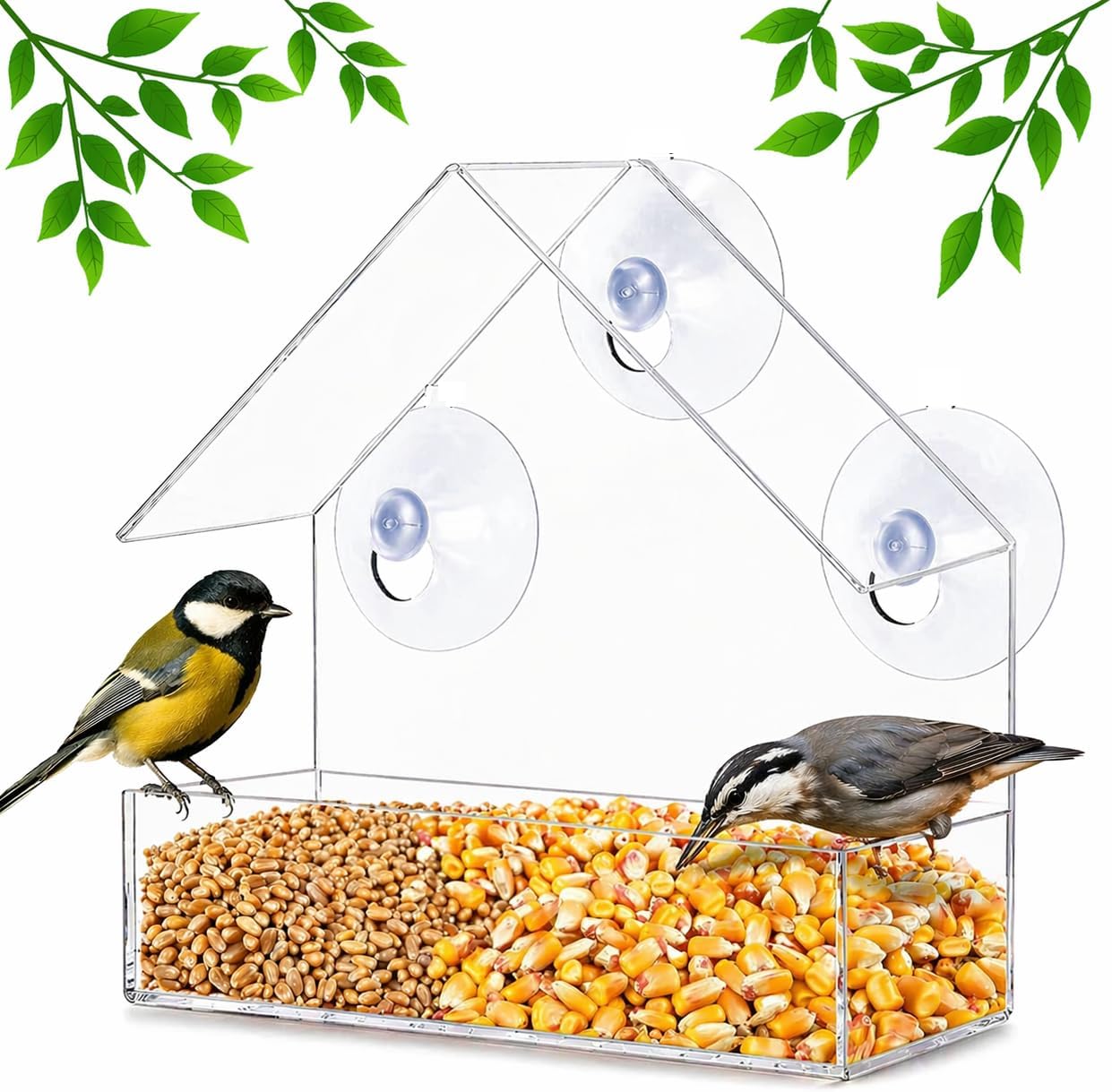 DIVCHI Clear Window Bird Feeder with Strong Suction Cups Plastic Wild Bird Feeder House Bird Seed Feeders for Garden Outdoor Backyard Wildlife Little Birds