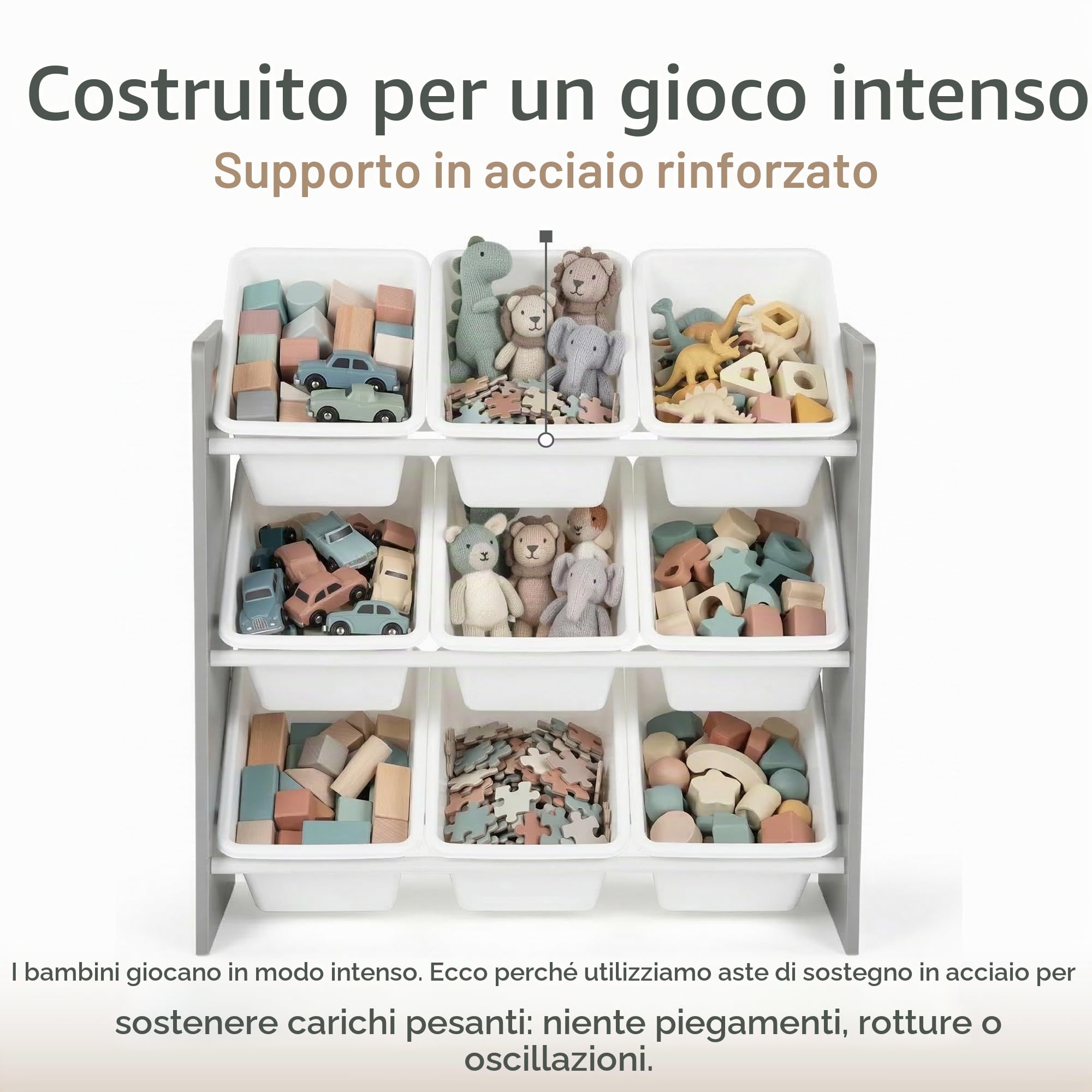 HumbleCrew Scaffale Bambini Moderno: Organizer Giocattoli con 9 Contenitori, Design Grigio/Bianco Elegante, Ideale per Camerette Stile e Ordinate