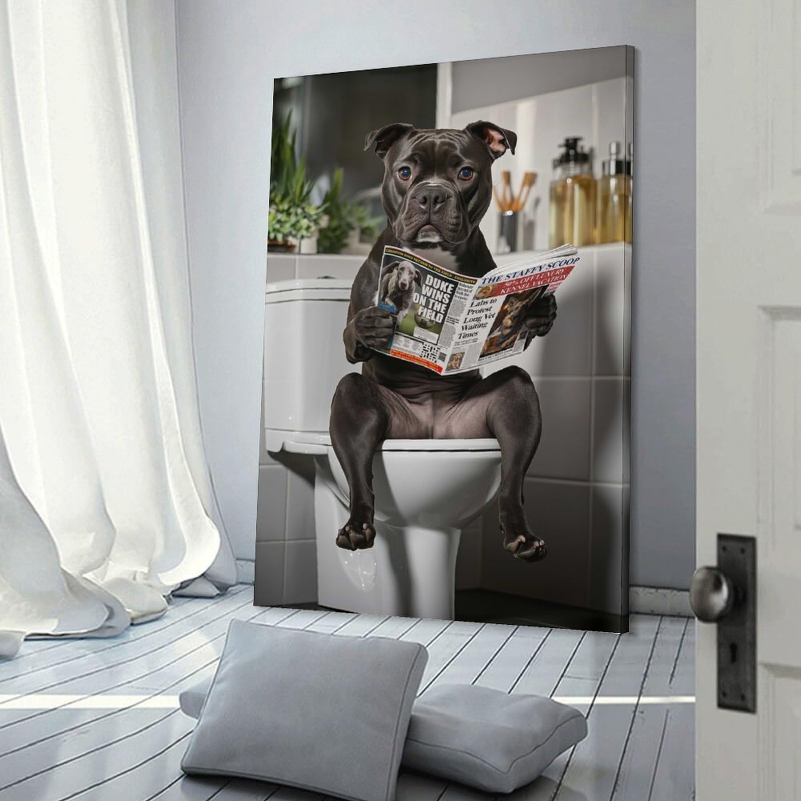 Junmoney Frame-Style-16 Decorative Wall Artwork Staffordshire Terrier On The Toilet Reading Newspaper, 08X12inch(20X30cm), For New Homes, Bedrooms Or Workspaces, Canvas Artwork With Gifting Potential
