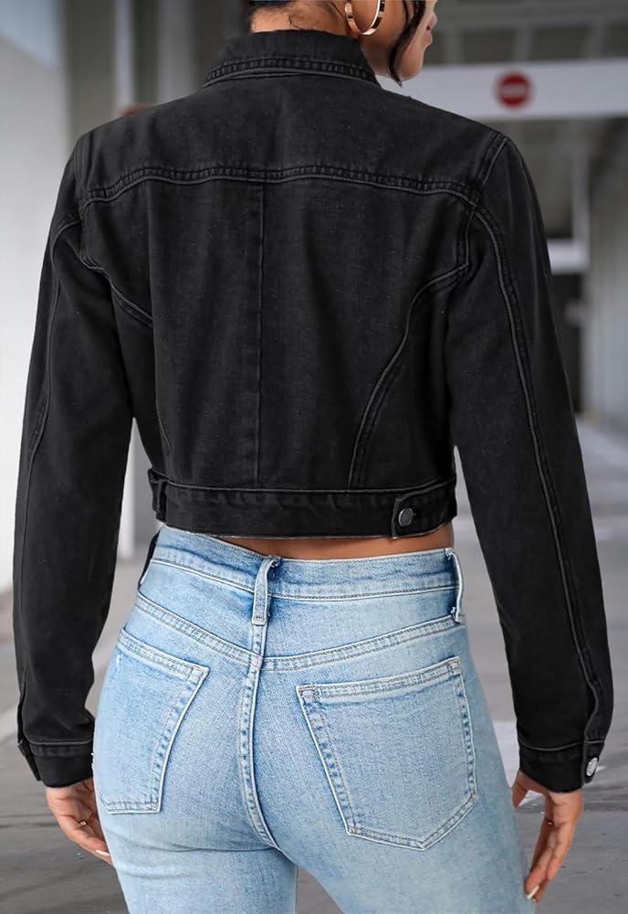 JerXox Women's Cropped Denim Washed Distressed Button Down