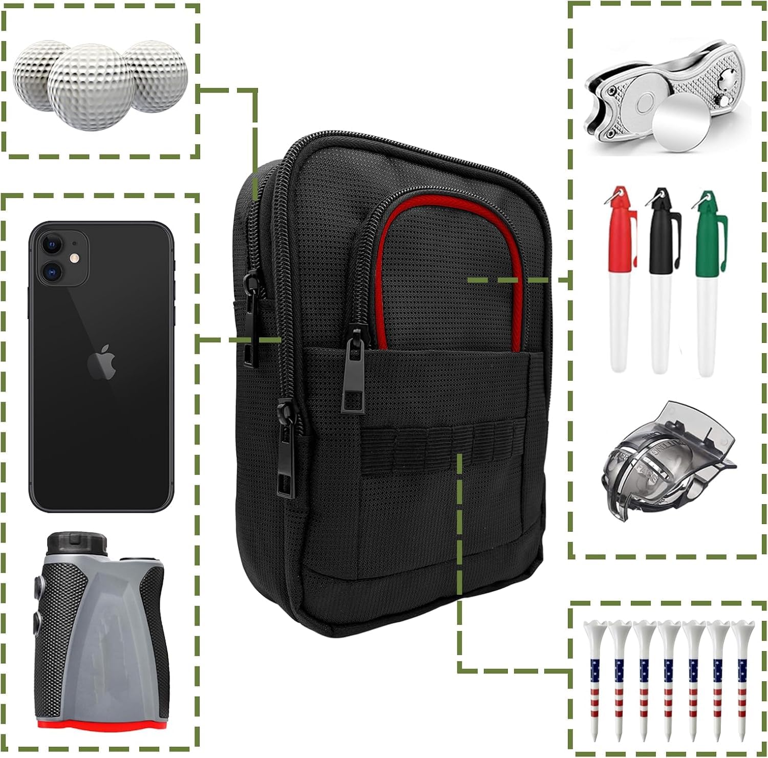 Golf-Wertsachen-Tasche – Golfball-Tasche, tragbarer Organizer, große Golf-Zubehör-Tasche für Gadgets, wie Golfbälle, Tees, Ballmarkt – Golf-Geschenk für Männer und Frauen (roter Rand)