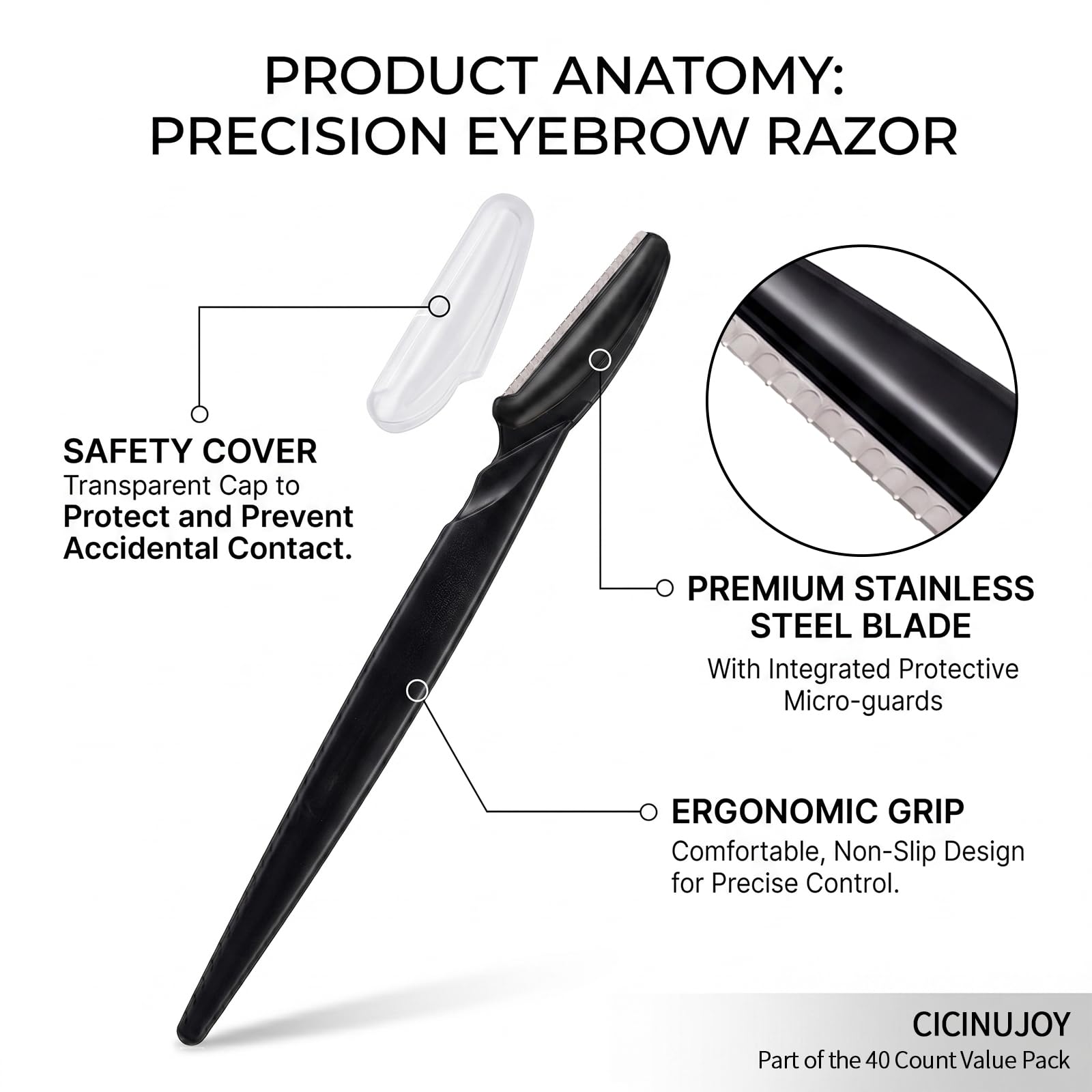 Rasoir à sourcils pour le visage, outil d'épilation de précision (bleu noir rose)