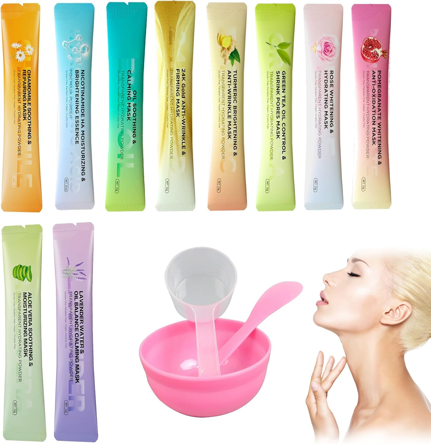 Jelly Soft Mask Powder Set, 10 stuks, gezichtsmasker poeder met accessoires, peel-off-masker voor vocht, anti-rimpel en bleken, doe-het-zelf gelmasker voor gezichtsverzorging, spa-modelleringsmasker
