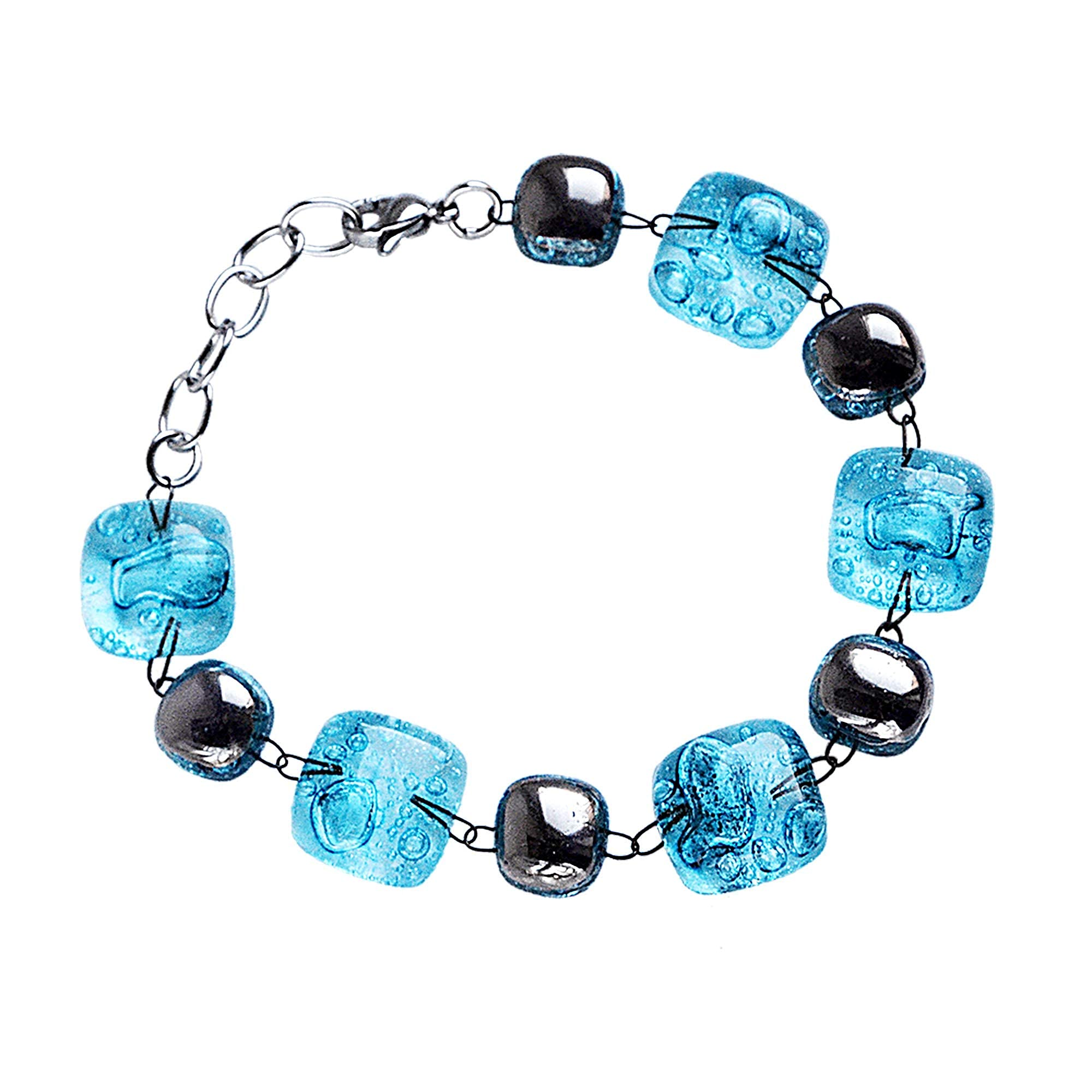 Pulsera turquesa para mujer • Vidrio burbuja checo con platino y acero quirúrgico • ancho 1,5 cm • joyería de marca • hecho a mano