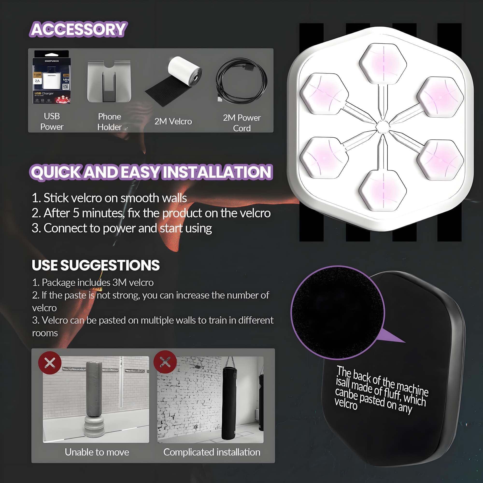 V3 - Máquina de boxeo de pared con panel más grande y guantes para ejercicios en casa