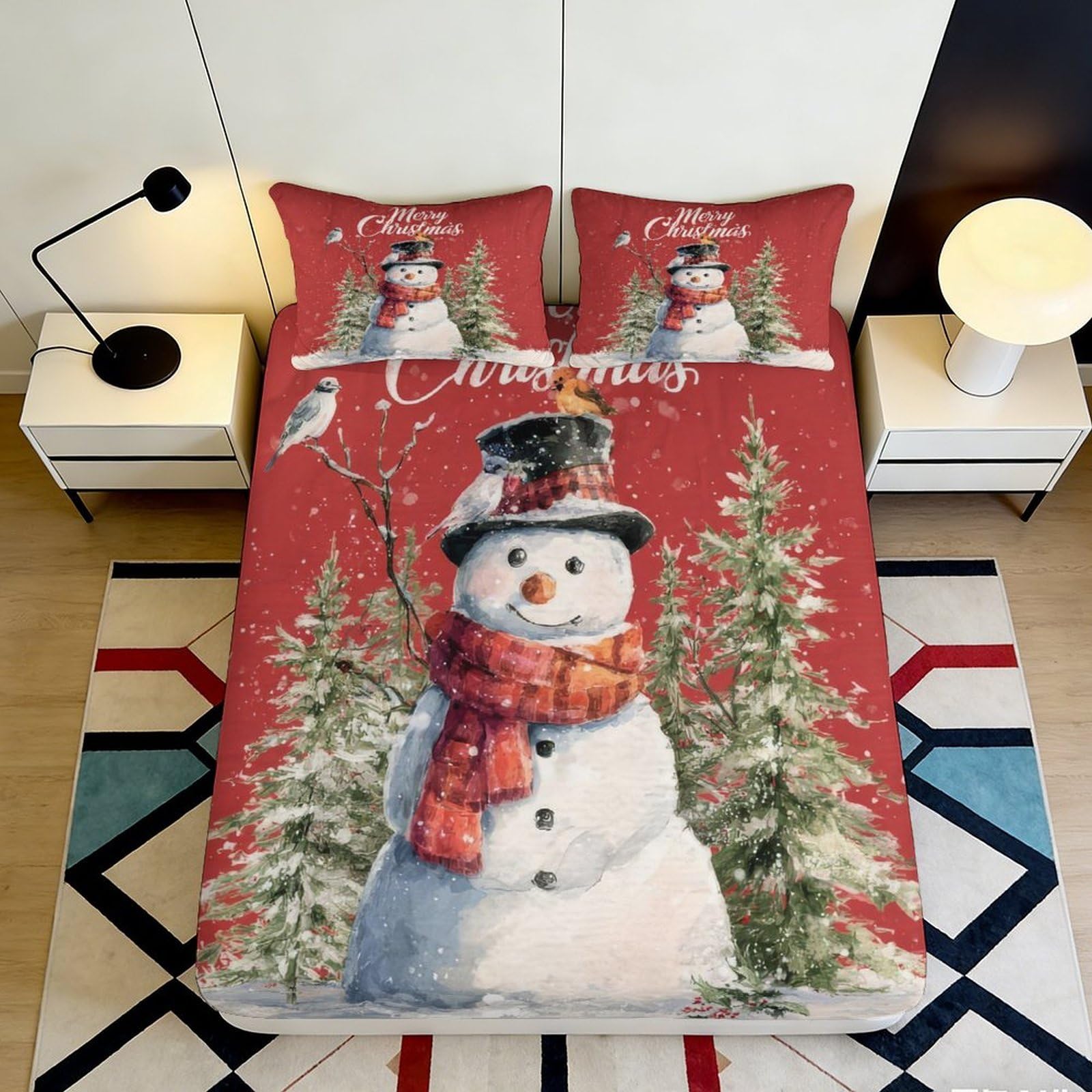 Jqzkxnhpbr Style-8 3D Printed Snowman Christmas Fitted Sheet Microfiber Red Pine Tree Mattress Cover Anti-Slip Decor For Bedroom Guest Room 90X200x25cm