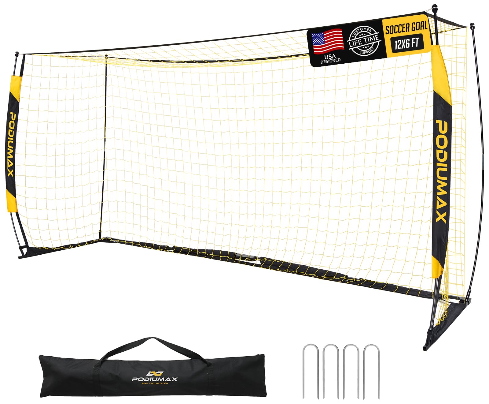 PodiuMax Soccer Goal, 12X6FT Soccer Goals for Backyard Training, Upgraded Collapsible Metal Base, Portable Soccer Goal for Indoor Outdoor, Easy Set Up