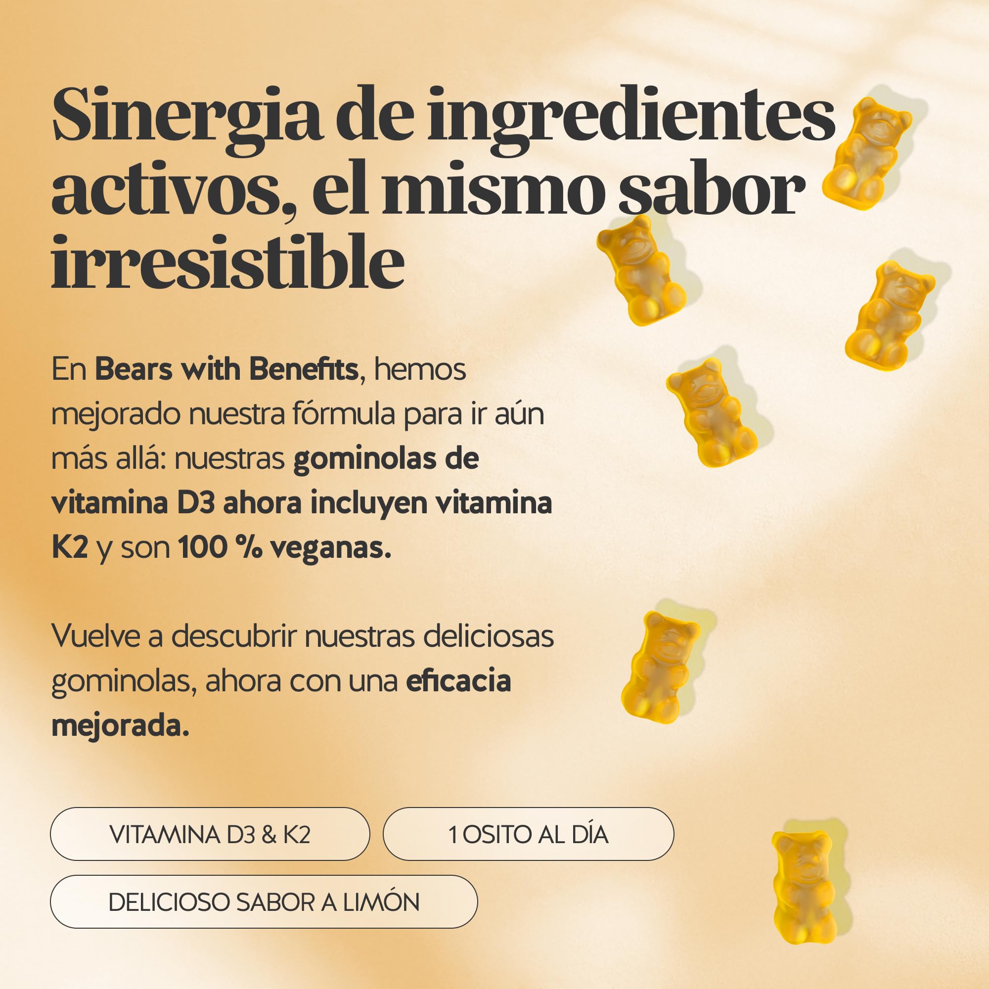Vitamina D3 K2 - Hey Sunshine – Gominolas con vitamina D3 25 µg (1000 UI) y K2 – Función normal del sistema inmunitario – 90 unidades (3 meses) – Sin azúcar, Veganas – Bears with Benefits | Hey Sunshine Sun - Vitamina D3 25 µg (1000 UI) y K2 - Cuidado de