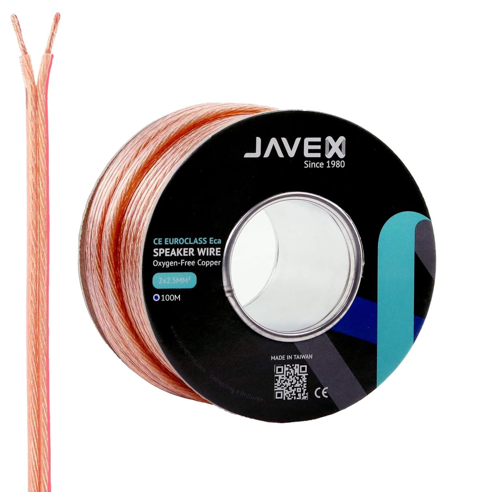 JAVEX CPR Construction - Cable de altavoz OFC para uso en pared, 2 x 2,5 mm2 [315 x 0,10 mm, cobre libre de oxígeno, 99,9%] para instalación de sistemas de audio y cine en casa, transparente, 100 m