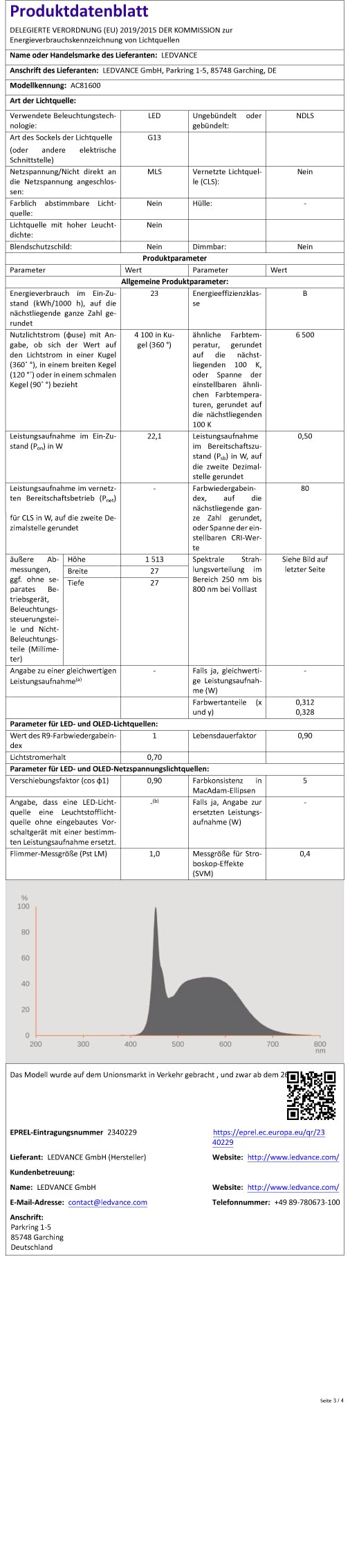 LED Rasteranbauleuchte 150cm 2-flammig 22,1W 4100lm 6500K Tageslicht 185 lm/W