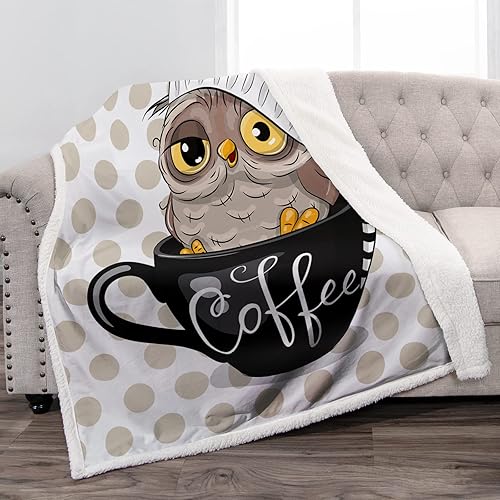 Jekeno Manta con estampado de búho y taza de café, regalos para mujeres, niños, niñas, mamá, hogar, dormitorio, sala de estar, decoración suave,