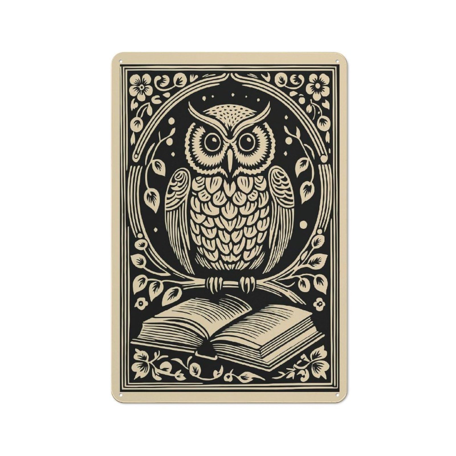 Junmoney Style-17 Owl On A Book Decorative Metal Plaque 30X20cm, Loft Style Urban Room Decor For Flat, Bar, Studio Or Gallery Wall