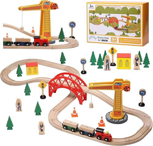 SainSmart Jr. Juego de tren de madera para niños pequeños, 41 piezas de pista de tren de madera con grúa para Brio, Thomas, Melissa y Doug, tren de