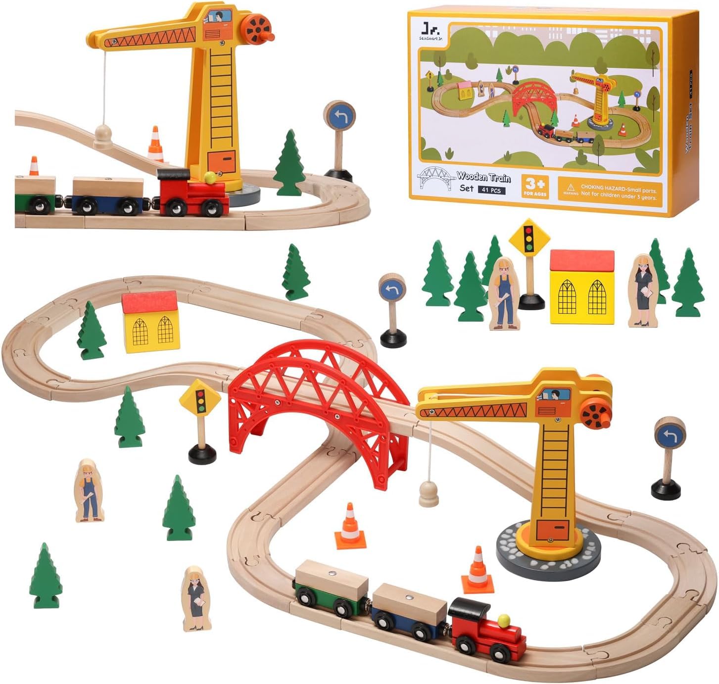 SainSmart Jr. Wooden Train set for Toddler, 41pcs Wood Train Track w/Crane Fits Brio, Thomas, Melissa and Doug, Kids Wood Toy Train for Kids Ages 3+