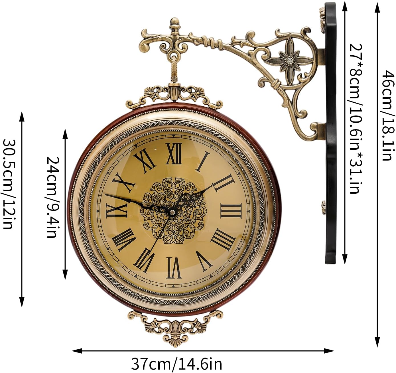 12 Inch Wall Clock Double Sided Hang Clock Brown Retro Round Wall Clock Vintage Wall-Mounted Clock with Silent Movement Wall Art Clock for Home Cafe Hotel