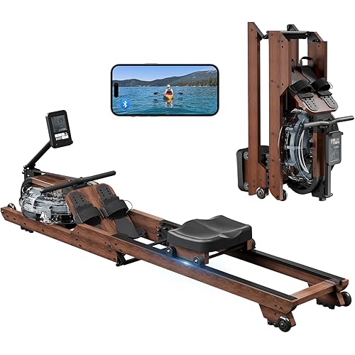 Dripex Rowing Machines for Home Foldable, Water Rowing Machine Max 350 LBS, Water Rower with Smooth Slide Rail, Comfortable Seat, Bluetooth App Supported, LCD Monitor, Wooden Row Machine for Home Gym