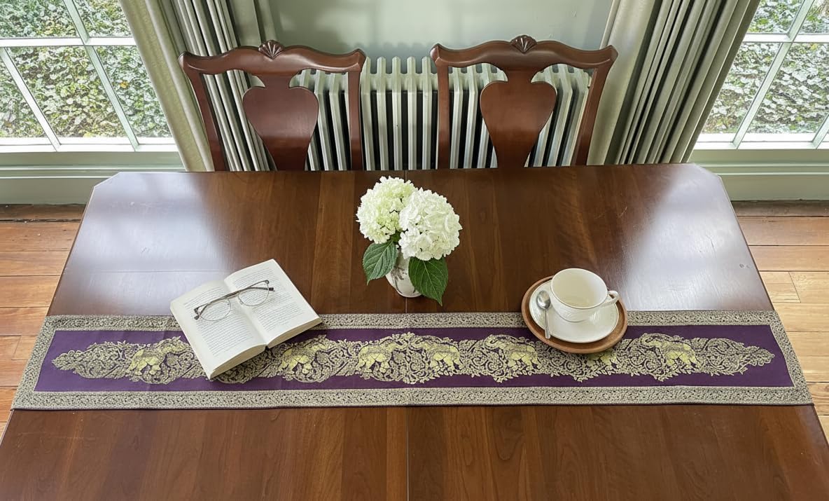 Thai Elephant Table Runner with Fringe | Small 76x9” Gold Brocade Bed Scarf | Embroidered Polyester with Decorative Paisley Floral Elephant Design for Dining Table, Coffee Table, Bed (Purple & Gold)