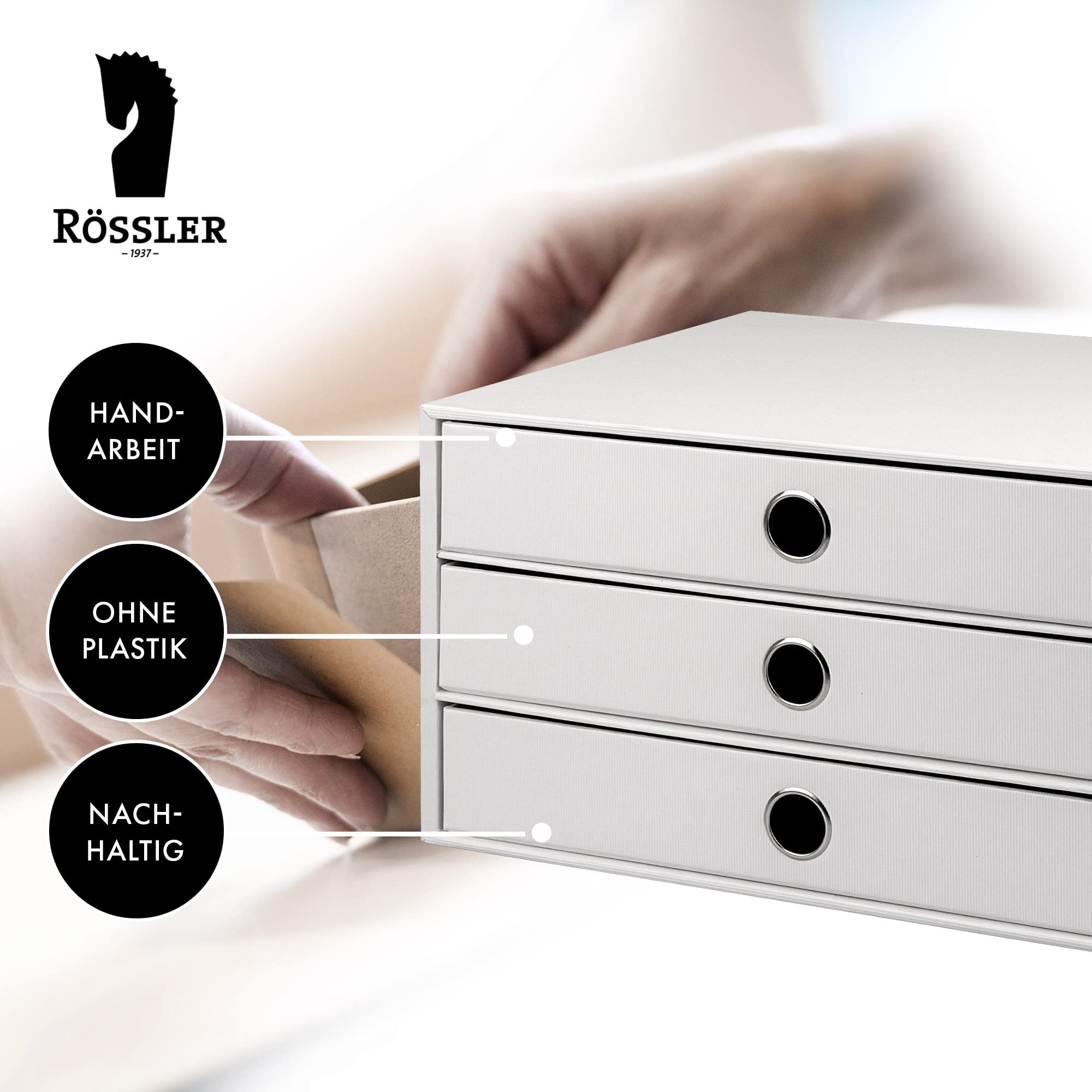 Rössler Papier 1524452093 - S.O.H.O. Scatola a 3 cassetti per DIN A4, con foro per impugnatura, edizione speciale bianca, 343 x 250 x 185 mm, 1 pezzo