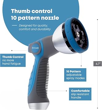 INNAV8 Garden Hose Nozzle Heavy Duty - Features 10 Spray Patterns, THUMB CONTROL On Off Valve Hose Sprayer Nozzle for Easy Water Control - Outdoor Water Hose Nozzle Head Attachment