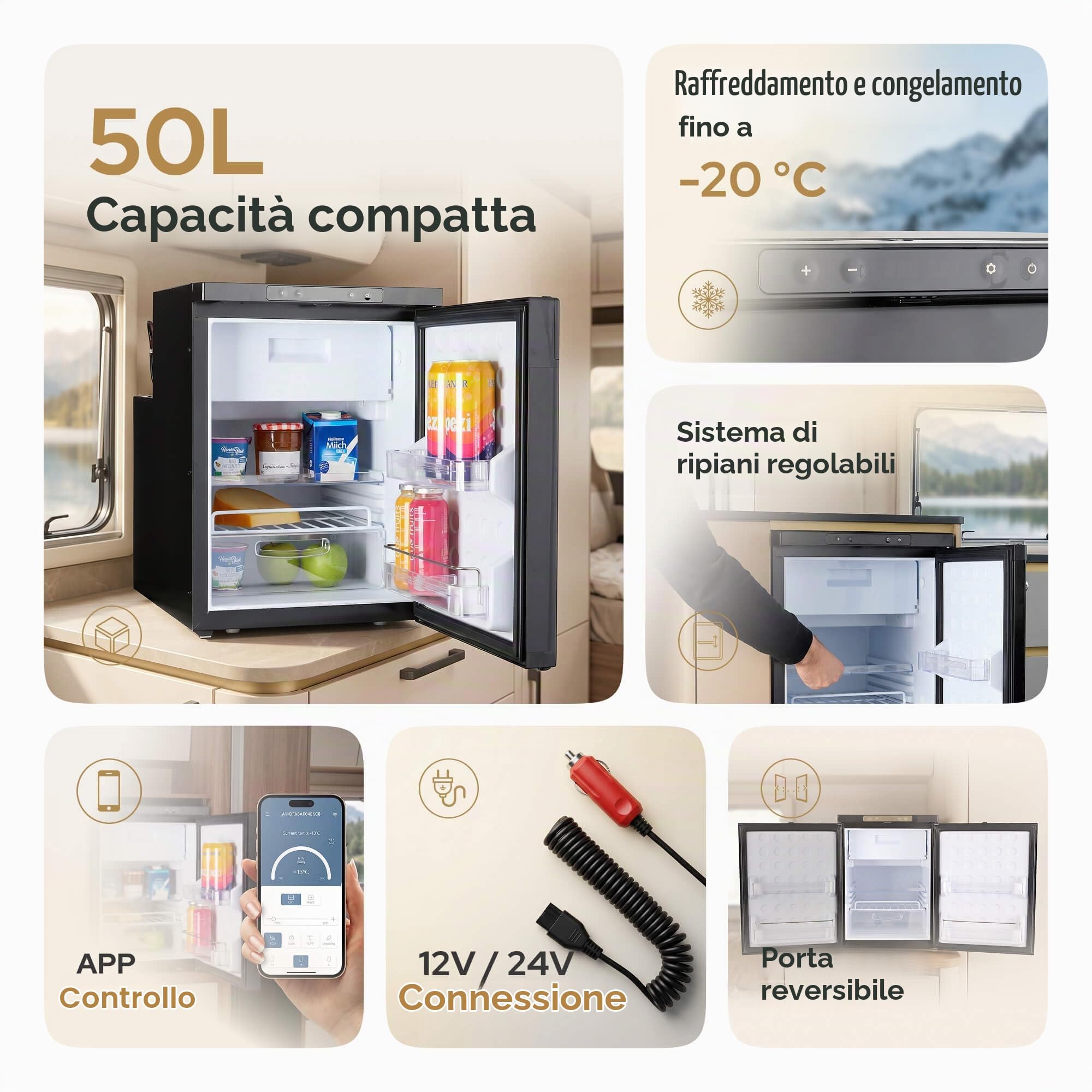 Arebos Frigorifero a Compressore per Camper 50L con Scomparto Congelatore | Controllo APP | 12V/24V | Fino a -20°C | Porta Reversibile | Frigorifero per Camper, Van, Auto e Camion
