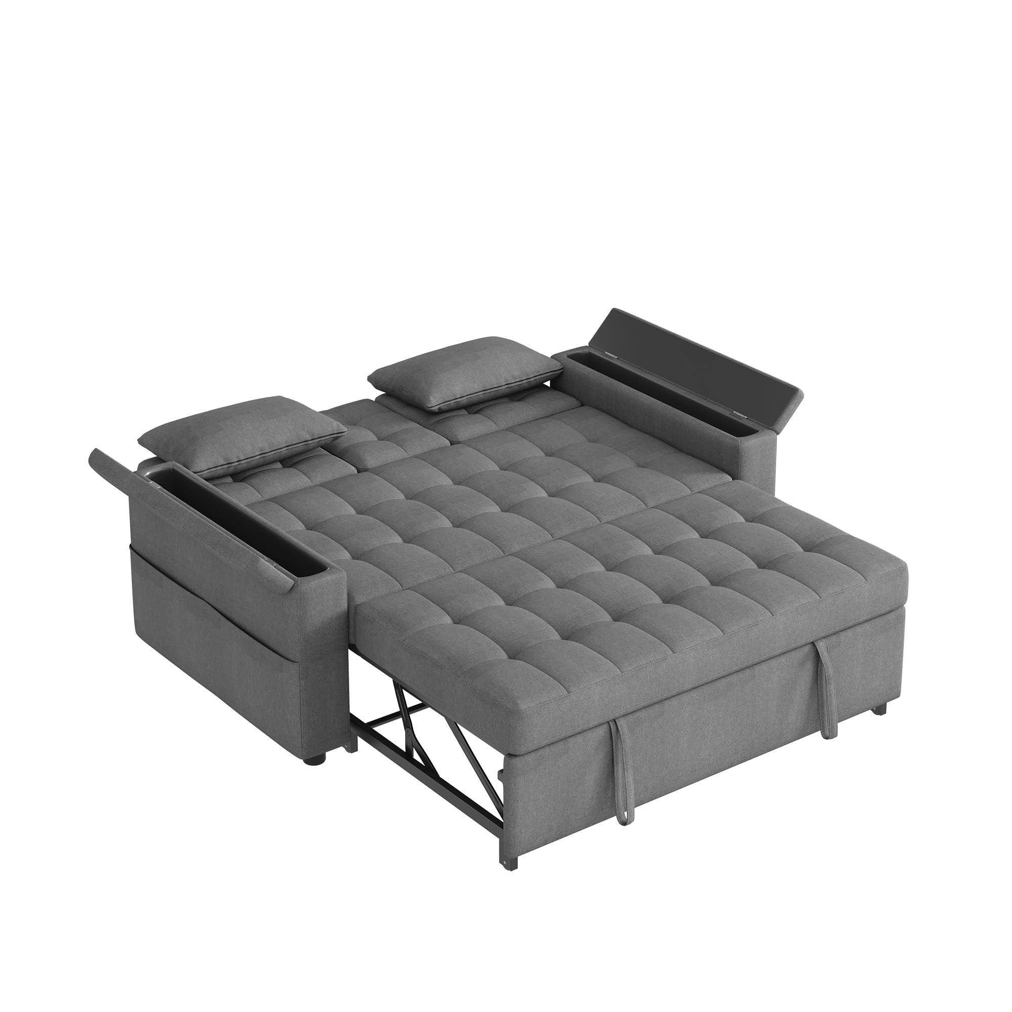 Merax Schlafsofa 2-Sitzer Sofa mit Schlaffunktion, Modernes Klappsofa 3-in-1 Schlafcouch mit Verstellbarer Rückenlehne, Armlehnen-Staufächern, Getränkehalter und Seitentaschen, Grau