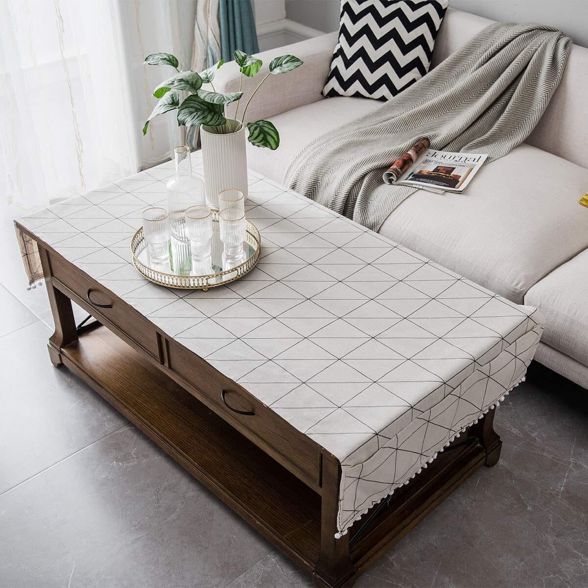 FAYING Coffee Table Cover with Pockets and Pompom Tassel Cotton Linen Coffee Table Cloth for Living Room Anti-Wrinkle Washer Dryer Fridge Top Dust Cover(White Chessboard,24"x63")