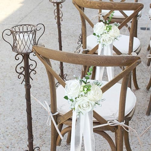 Miniatura 6 de Rinlong 6 decoraciones de pasillo de boda, decoración de pasillo de rosa blanca para banco de iglesia, silla de boda al aire libre, lazos para