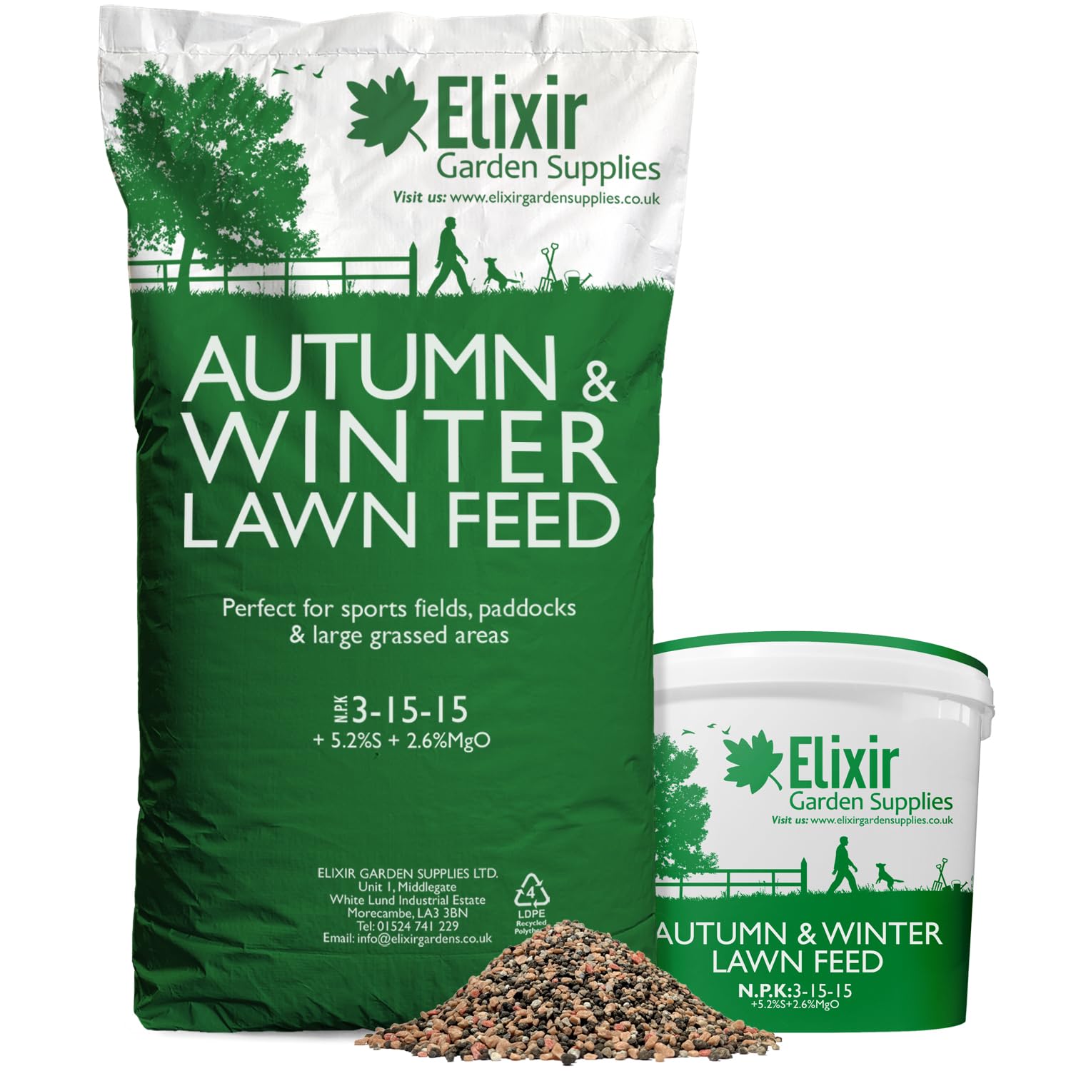 Elixir Gardens Autumn Winter Fertiliser, Sports Field, Paddock and Lawn Feed | Treats 400sqm, Made for British Climate | 1kg-25kg in bag or tub | NPK 3-15-15 + 5.2% S | x 20kg bag