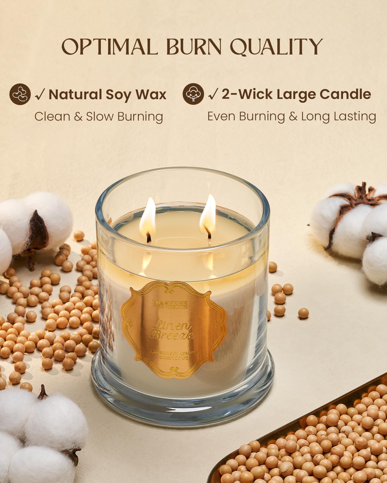 M&SENSE Duftkerze im Glas groß Leinen Brise Kerze 360g über 60 std. Brenndauer natürliche Aromatherapie Kerze stark duftende lang anhaltende Entspannung Heim Deko Geschenk für sie