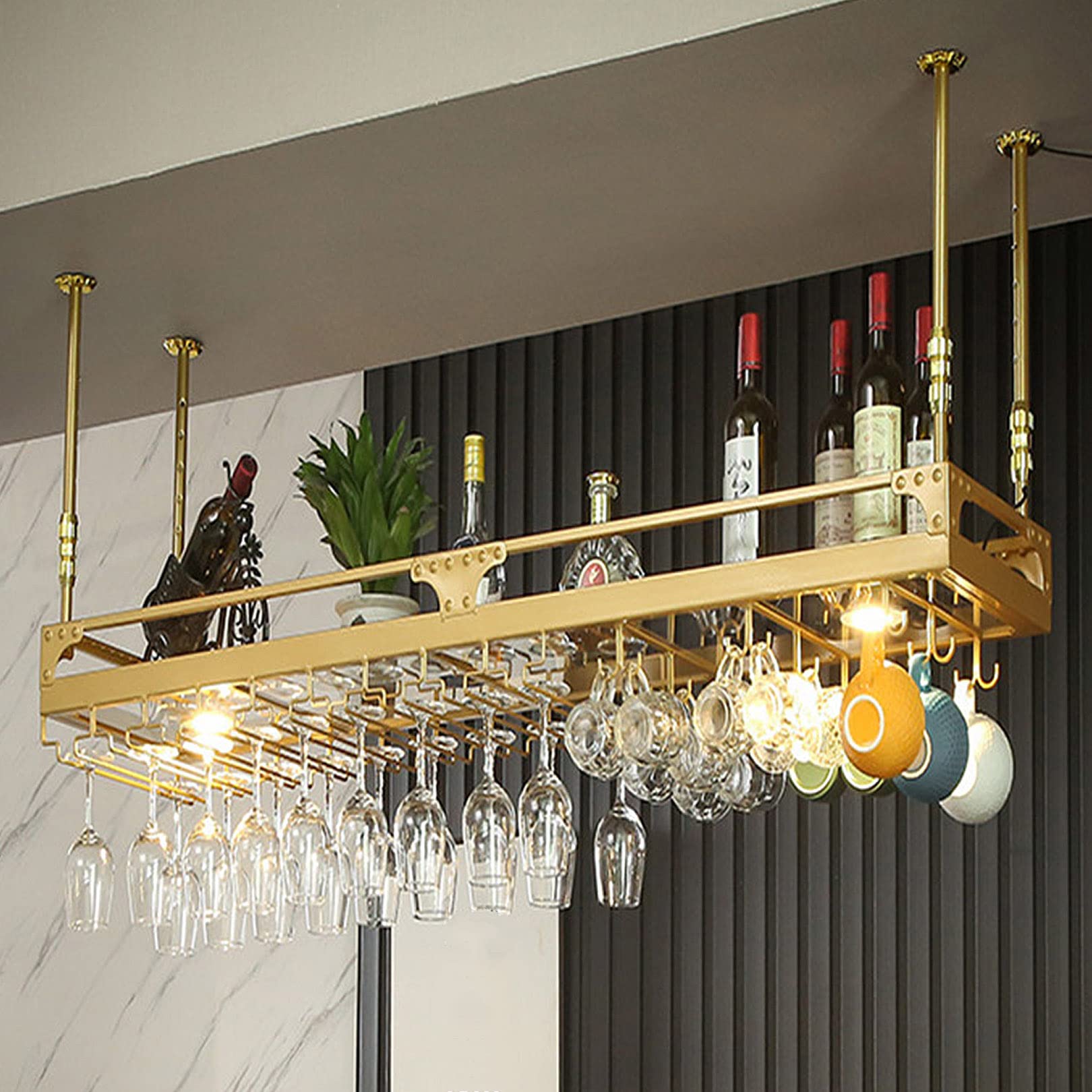 Support bouteille en fer monté au plafond noir 100 cm avec porte-verre et éclairage bar