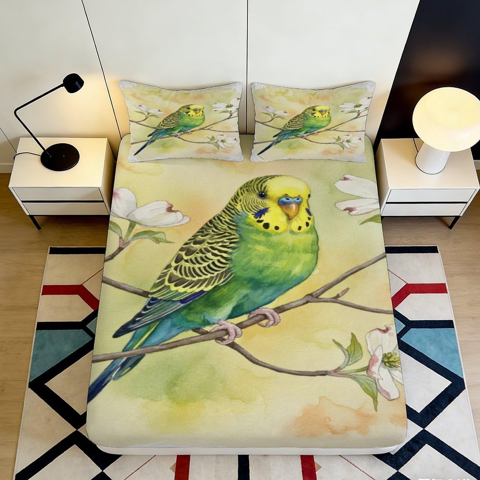 Pnayamiorkfel Style-10 3D Printed Green Parrot Fitted Sheet Microfiber Bird Branch Mattress Cover Bedroom Decor Washable Anti-Slip 90X200x25cm